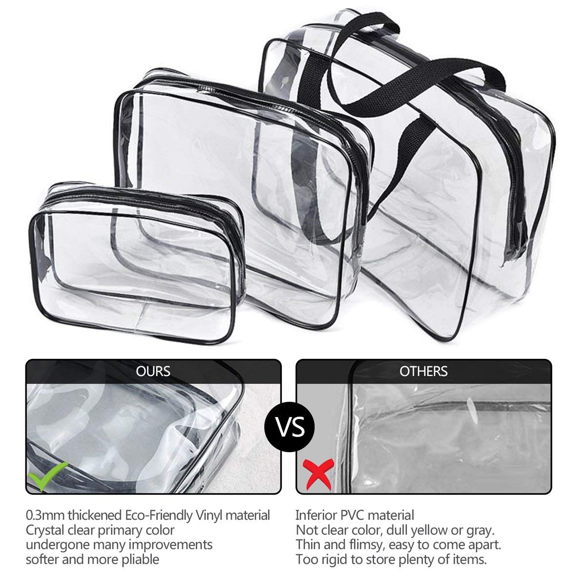 6Pcs Crystal Clear PVC Travel Toiletry Bag Kit for Women Men, Waterproof Vinyl Packing Organizer Storage Bags with Zipper Handle Straps, Cosmetic Pouch Carry on Airport Airline Compliant Bag Handbag
