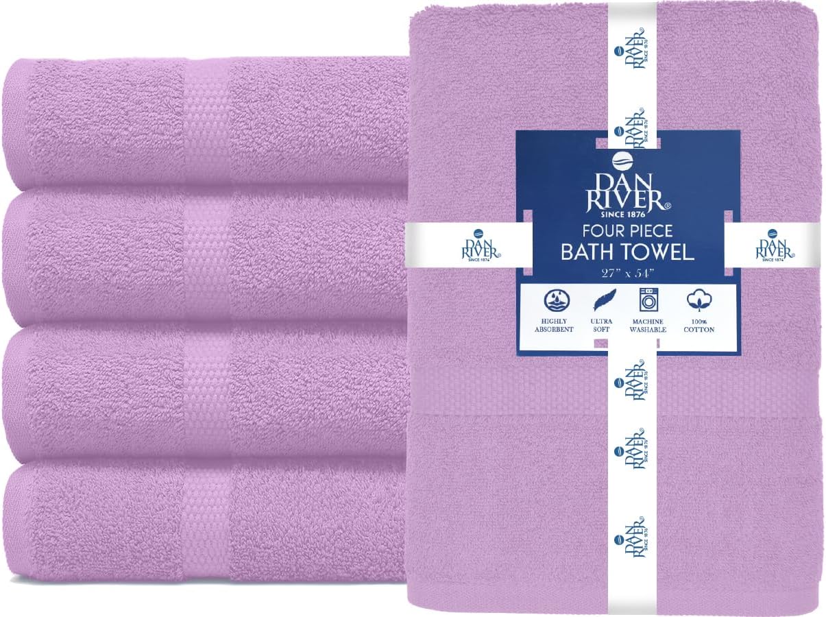 DAN RIVER Bath Towels Set of 4, 27 x 54 Inches, 100% Cotton, Larger & Lighter Weight, Quicker to Dry, Super Soft and Absorbent, Ideal Shower Towel for Daily Use, Lavender