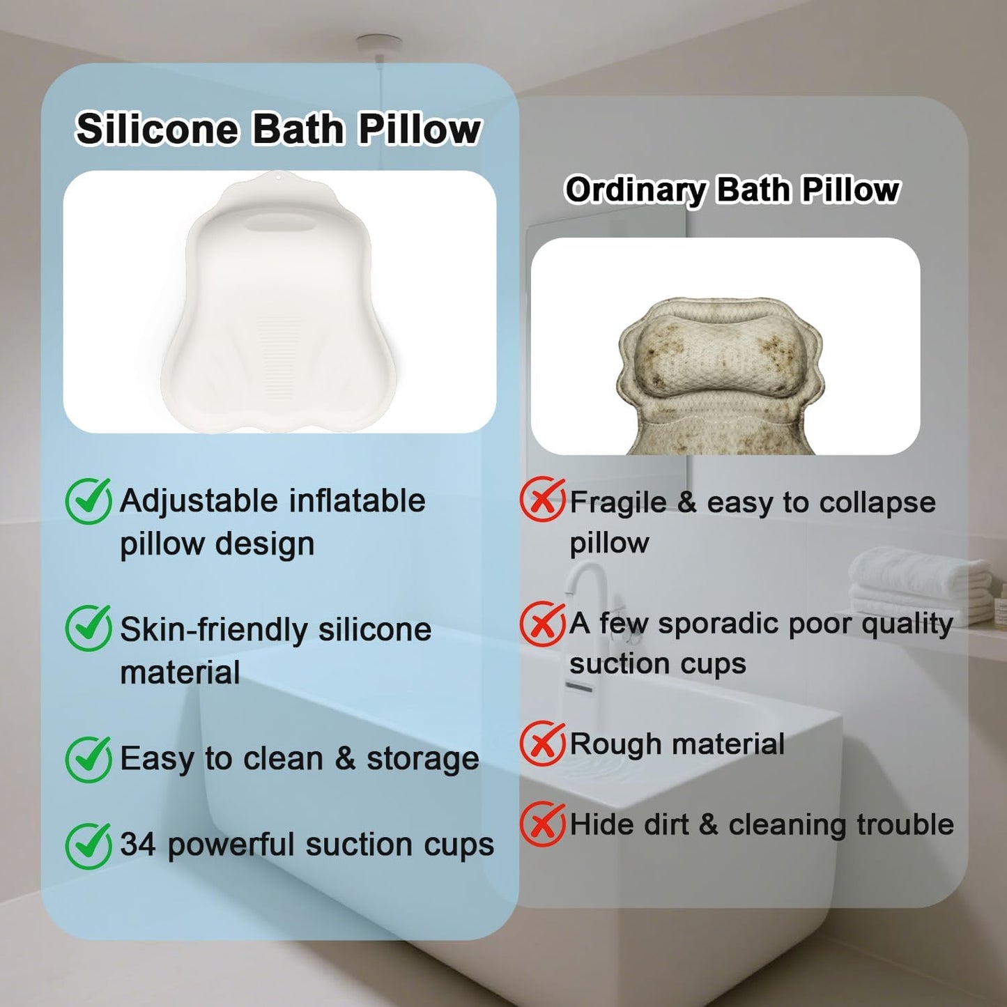 Silicone Bath Pillow for Tub – Ergonomic Bathtub Headrest with Inflatable Air Cushion, Non-Slip Suction Cups & Neck/Back Support – Comfortable Spa Bath Accessory for Relaxation (Cream White)