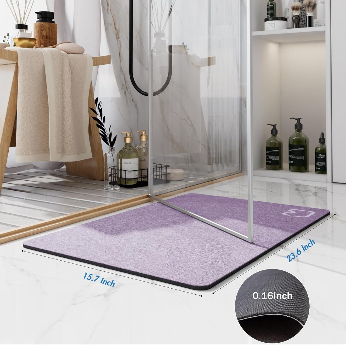 Diatomaceous Earth Bath Mat Rugs Quick Dry Super Absorbent Non Slip Rubber BottomThin Bathroom Mat Fit Under Door, Floor Rugs in Front of Bathtub,Shower Room,Sink,Washable, 15.7"x23.6", Lavender