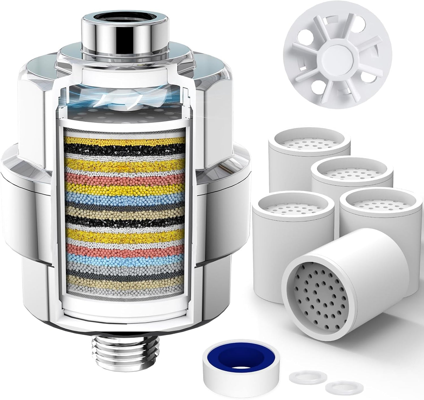 20-Stage Shower Filter-Shower Head Filter for Hard Water, with 5 Replaceable Cartridges, High Output Shower Water Filter for Removing Chlorine and fluoride, Polished Chrome