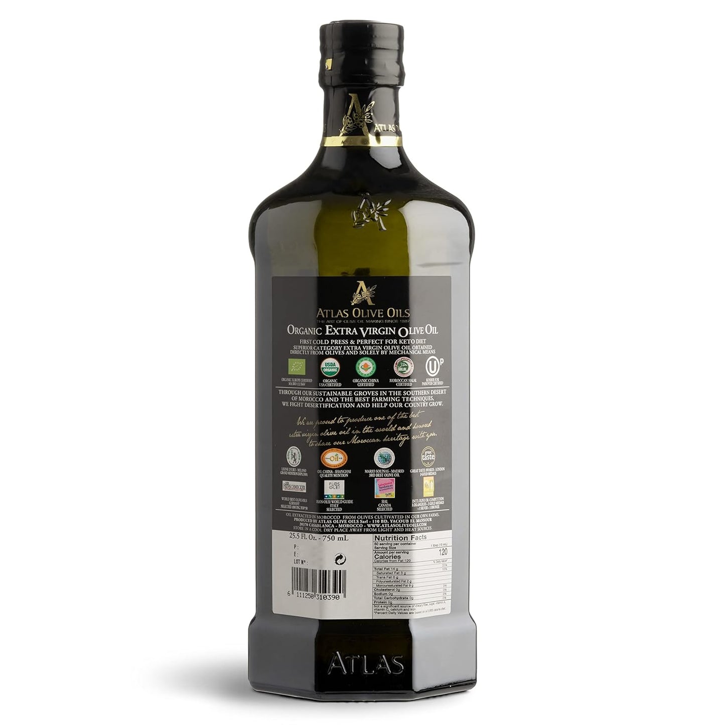 Atlas 750 mL Organic Cold Press Extra Virgin Olive Oil with Polyphenol Rich from Morocco | Newly Harvested Unprocessed from One Single Family Farm | Moroccan EVOO Trusted by Award-Winning Chefs