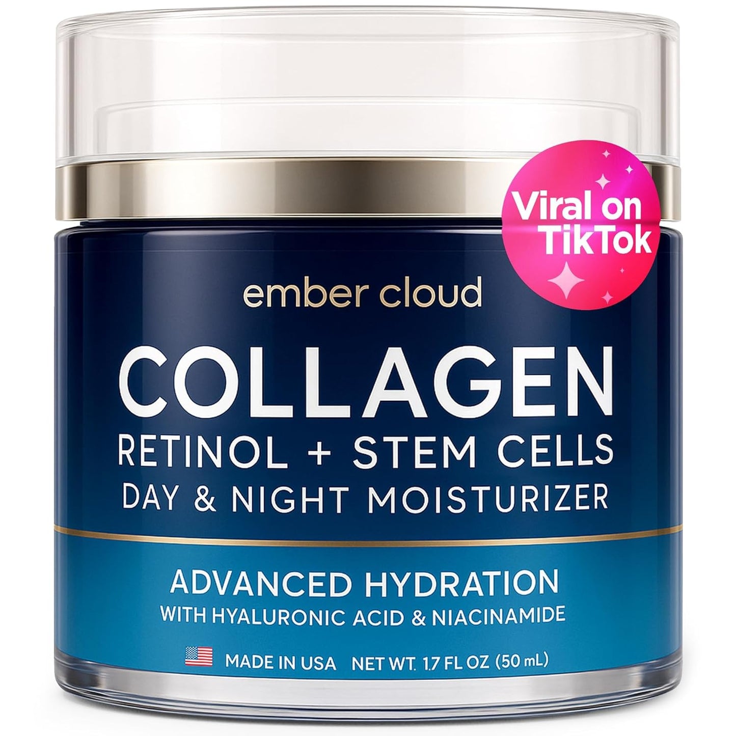 Collagen Face Cream with Stem Cells Retinol Hyaluronic Acid Niacinamide for All Skin Types - Anti-Aging Face Moisturizer with Airless Pump - Day & Night Cream for Wrinkles - Made in USA 1.7 Oz