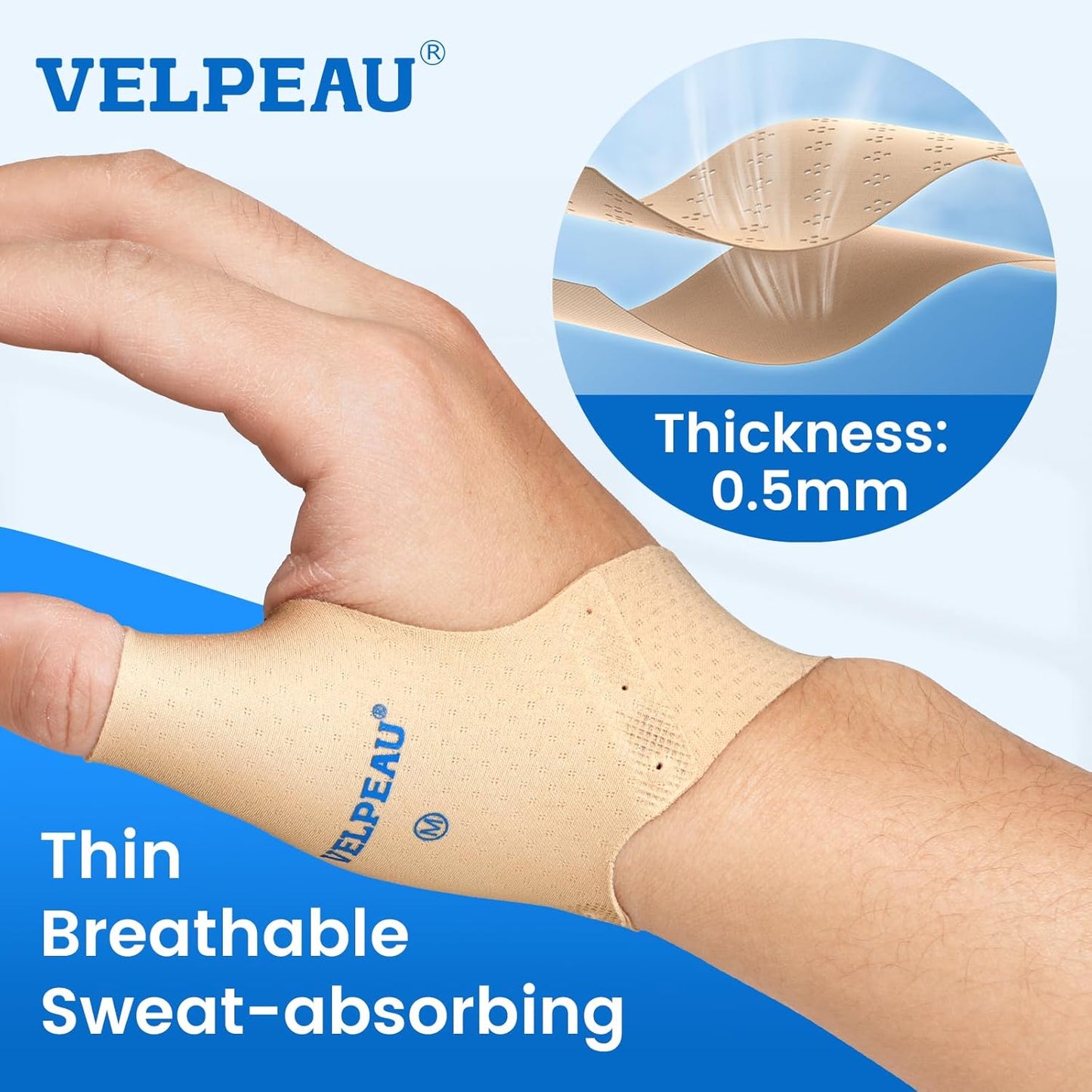 Velpeau Thumb Compression Sleeve for Tendonitis (Pack of 2), Seamless Technology, Gloves Wraps for Arthritis Pain Relief for Women & Men, Splint Liner, Fits Both Hands (Khaki, Short Version, S)
