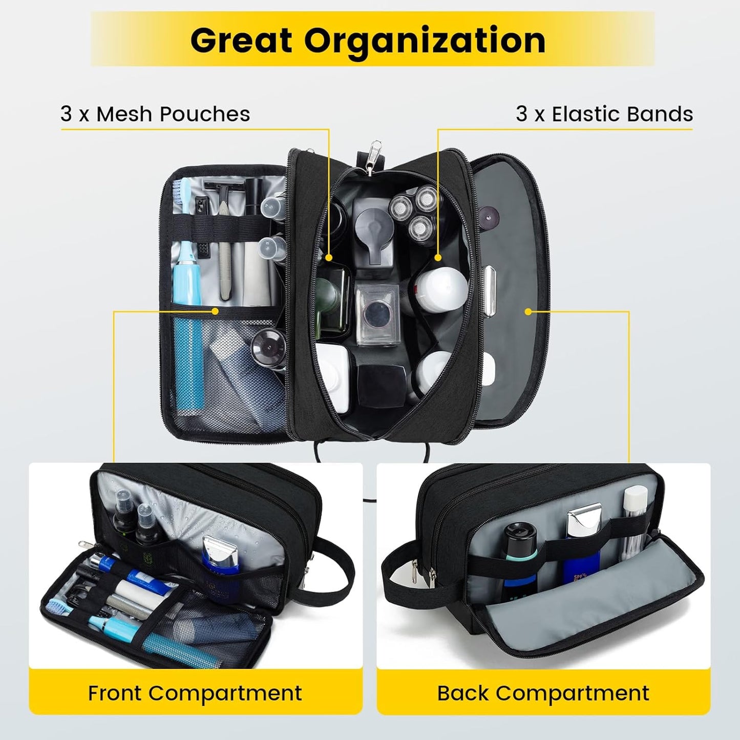 Vorspack Travel Toiletry Bag - Toiletry Bag for Men Water Resistant Skincare Bag for Bathroom Toiletries Accessories Gifts - Black