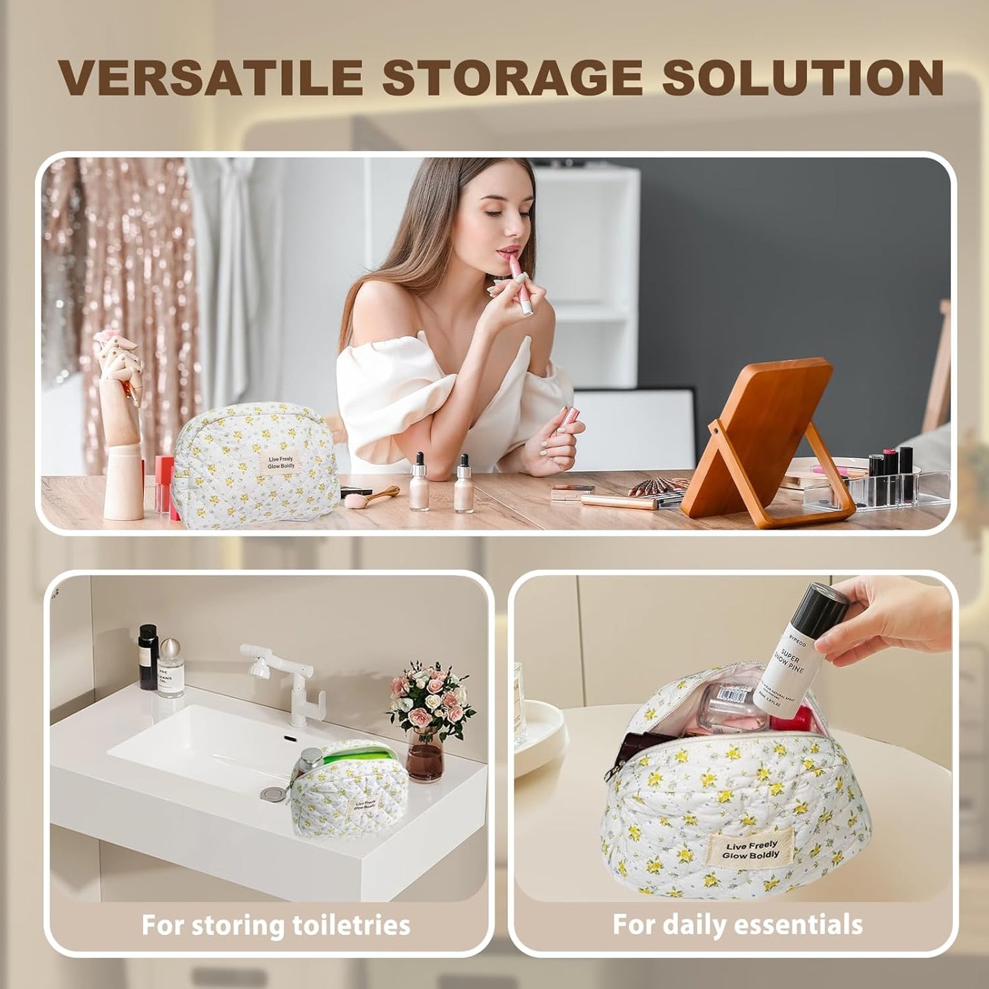 3Pcs Large Travel Quilted Makeup Bag, Double Layer Cute Floral Cotton Toiletry Bag, Aesthetic Flower Cosmetic Bag Coquette Skincare Organizer Bag for Women (76-YellowFloral)