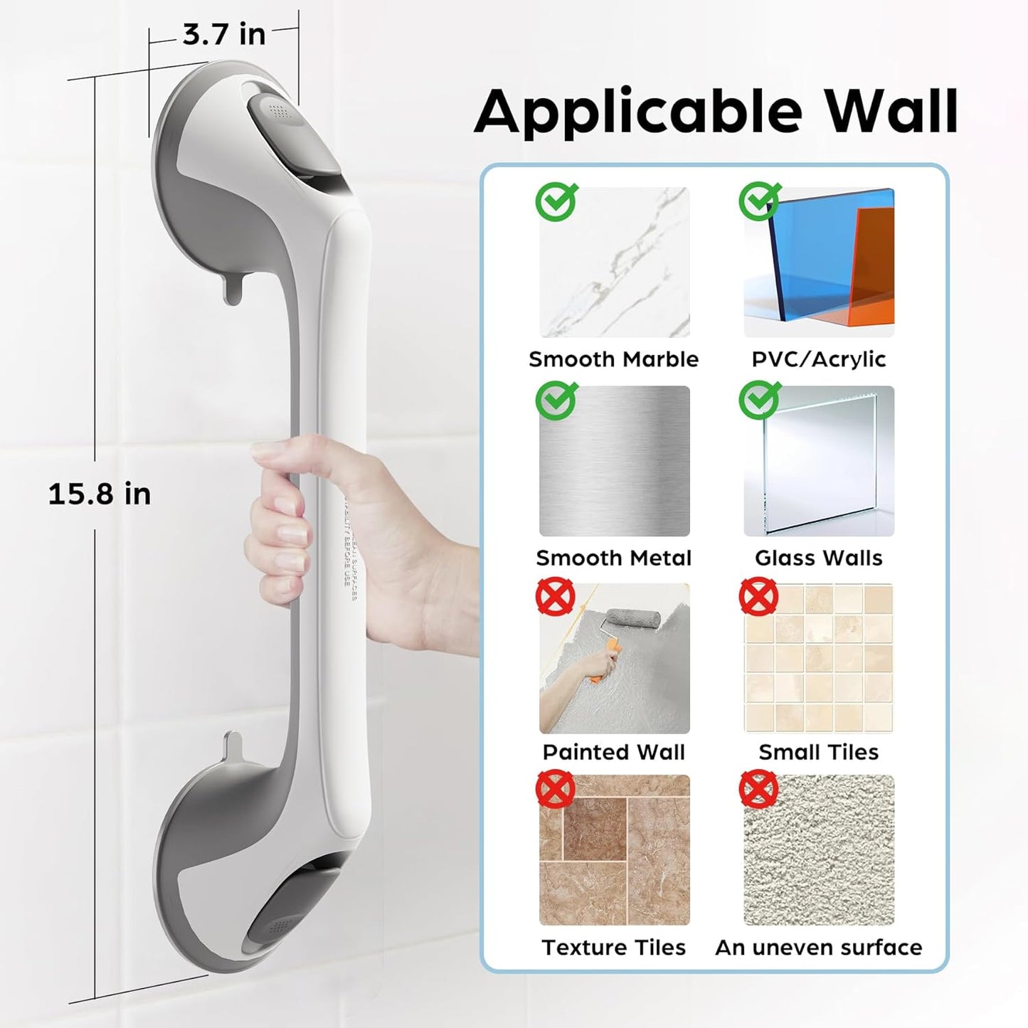 2 Pack 16 Inch Grab Bars for Bathtubs and Showers for Seniors, Heavy Duty Shower Handle for Elderly, Suction Cup Removable Handrails Handicap Bath Grip Bathroom Safety Grips (Gray