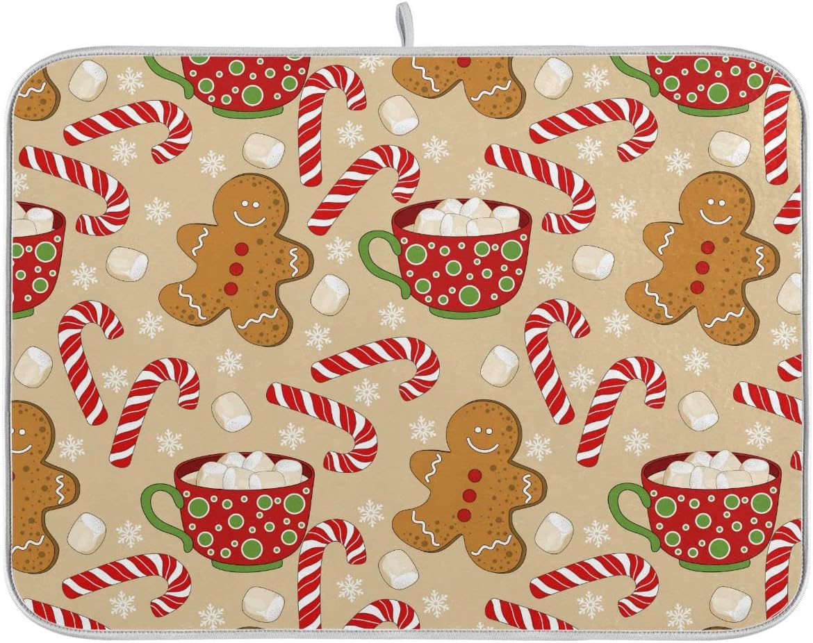 Christmas Gingerbread Man Candy Cane Dish Drying Mat for Kitchen Winter Snow Snowflake Snowman Xmas Microfiber Drying Mats Absorbent Reversible Dish Pad Large Dish Draining Mat 18x24 inch