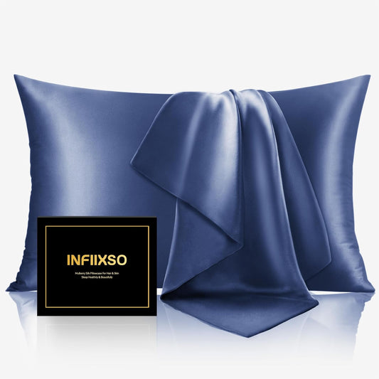 INFIIXSO Mulberry Silk Pillow Cases King Size Set of 2, Silk Pillowcase with Hidden Zipper 20"x36", Extraordinary Smooth and Soft Pillow Case for Hair and Skin(Navy, 2 Pack)