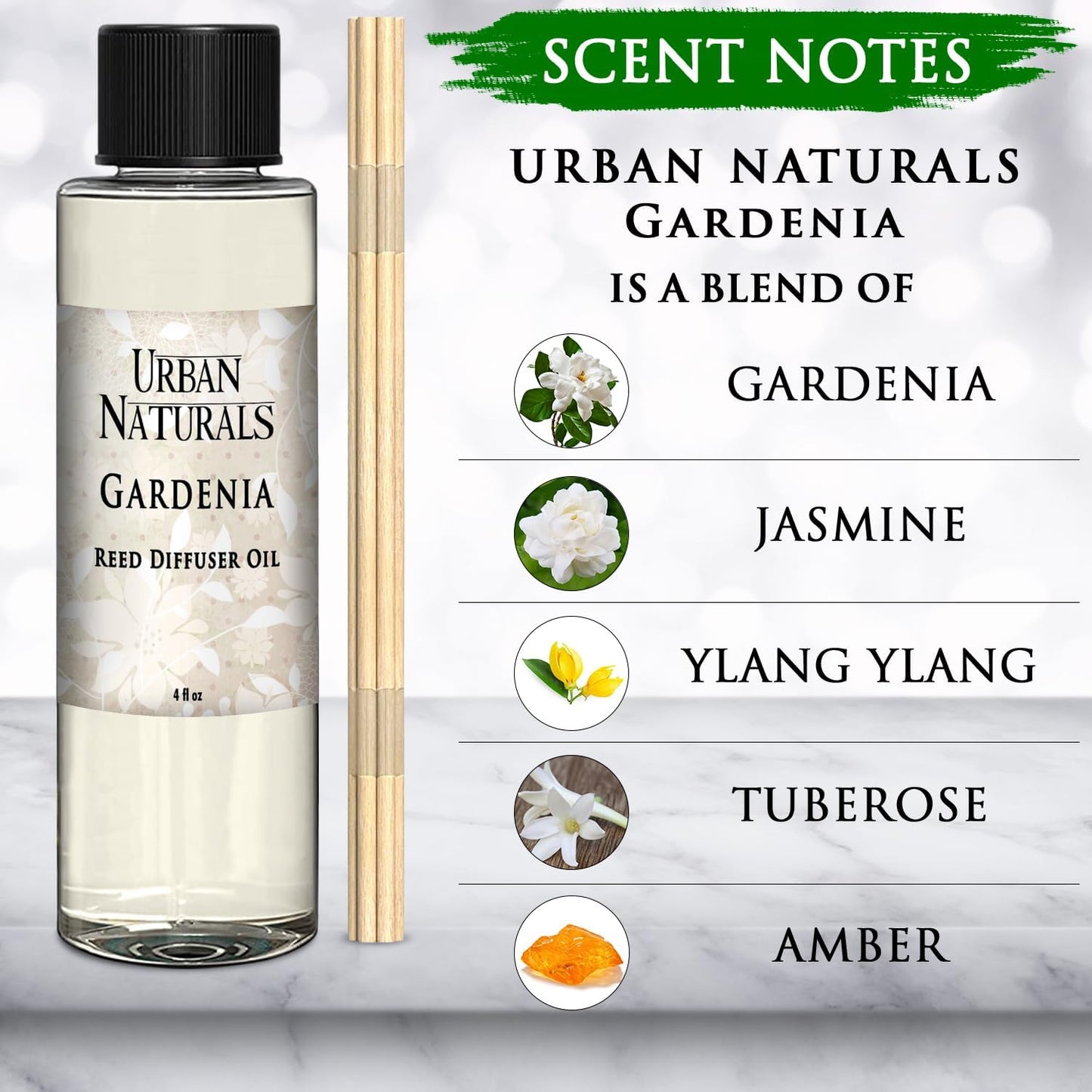 Urban Naturals Gardenia Scented Oil Reed Diffuser Refill | Includes a Free Set of Reed Sticks! Jasmine, Ylang Ylang, Tuberose & Amber Notes, 4 oz (2 Pack)