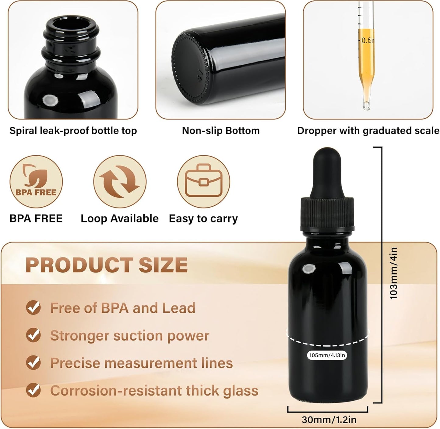 12 Pcs, 1oz Black Glass Eye Dropper Bottle, Tincture Bottles with Leak-Proof Design, Stronger Suction, for All Kinds of Mixed Liquids