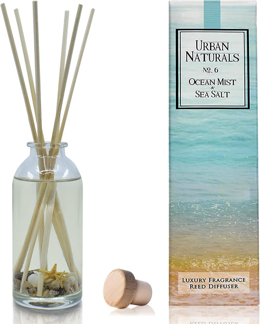 Urban Naturals Ocean Mist & Sea Salt Reed Diffuser Set | Made with Essential Oils & Real Seashells | Decorative Air Freshener Room Diffuser