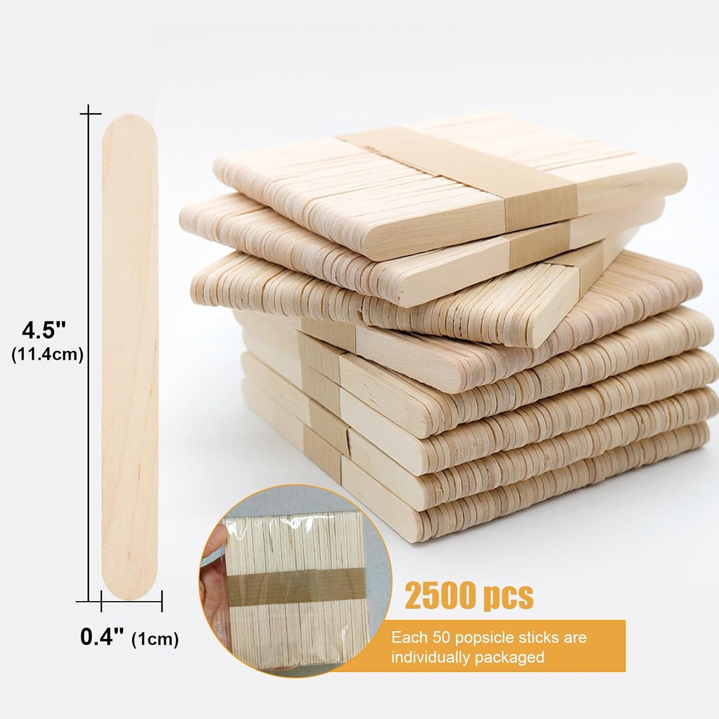 2500Pcs Wooden Popsicle Sticks for Crafts, 4.5" Wide Wooden Craft Sticks, Lollipop Sticks for Creative Designs, Home Art Projects, DIY Wood Crafts, Hair Removal and Waxing Supplies, Ice Pop Sticks