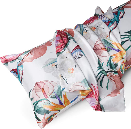 MR&HM Satin Body Pillow Cover, Soft and Breathable Body Pillow Case with Envelope Closure, Cooling and Silky Long Pillowcase for Hair and Skin,Grey (20x54, Floral Bird)