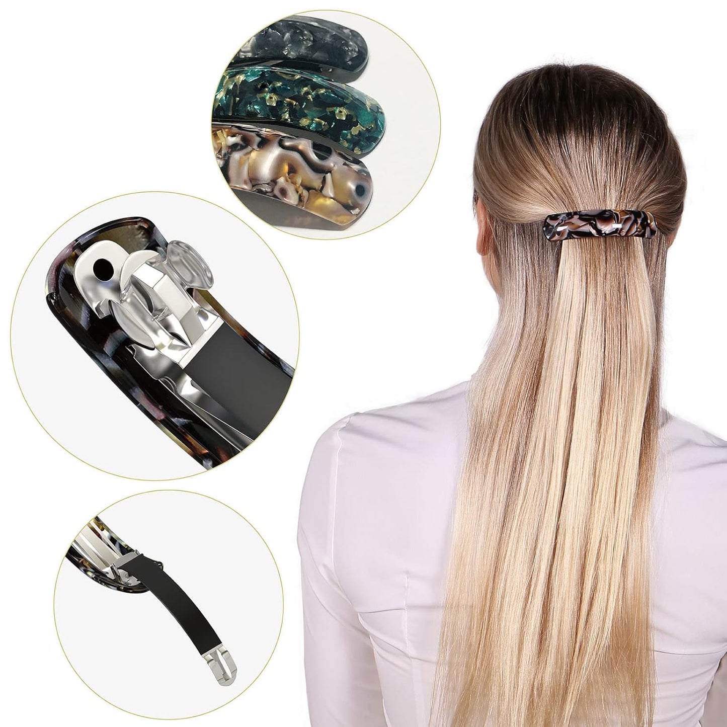 Large Hair Barrettes for Women Fine Thick Hair, French Barrette Hair Clips Ponytail Clamps Clasp Stylish Hair Accessories- 3Pcs (Black, Brown, Green)