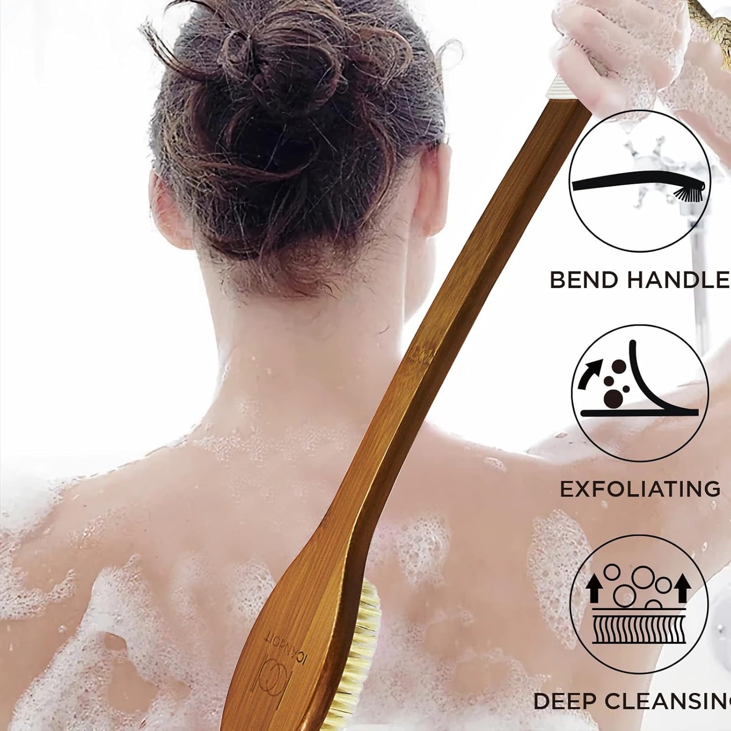 ICANdOIT-17.71Inch Natural Stiff Sisal Bristles Anti-Slip Long Handle Bath Brush,Bent Handle Shower Scrubber for Exfoliating,Shower Back Brush,Exfoliation Set with Pumice Stone(1 Pack)
