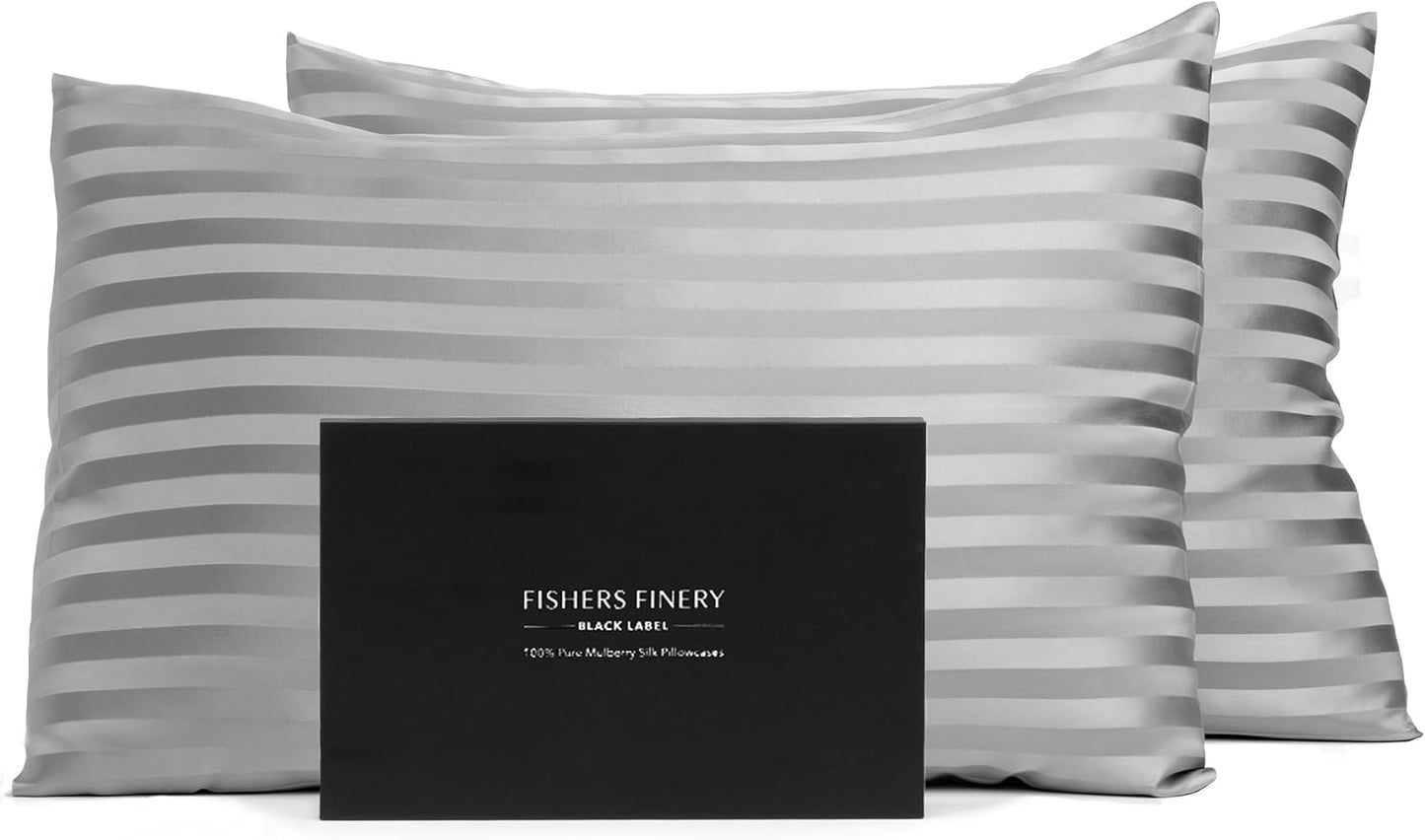Fishers Finery 30mm 100% Pure Mulberry Silk Pillowcase 2 Pack, Quality Tested (Gray Stripe, Standard, 2 Pack)