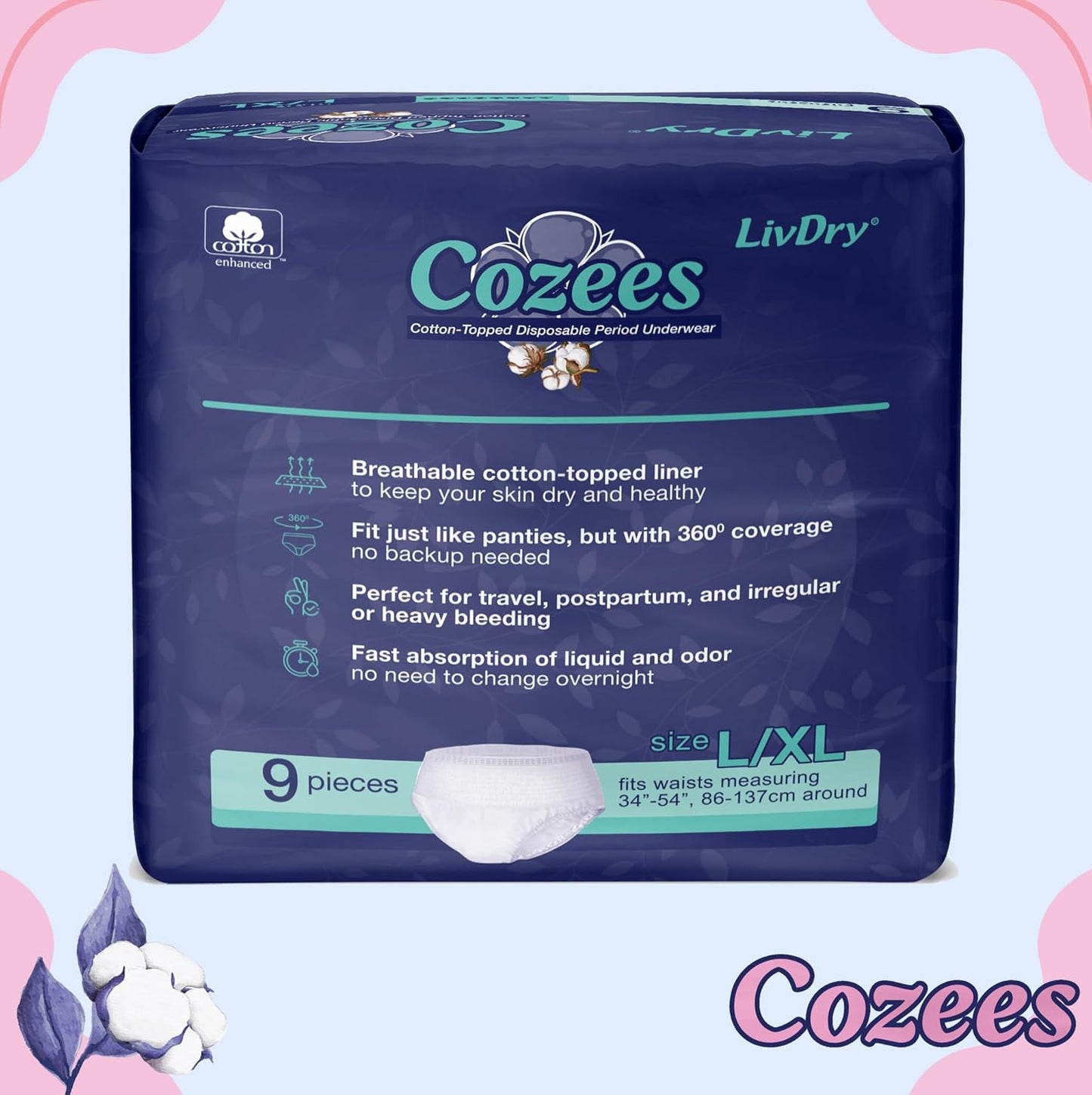 Cozees Disposable Period Underwear for Women, Menstrual and Postpartum High Absorbency, Cotton Covered Comfort, Made in USA (9 Count, Large/X-Large)