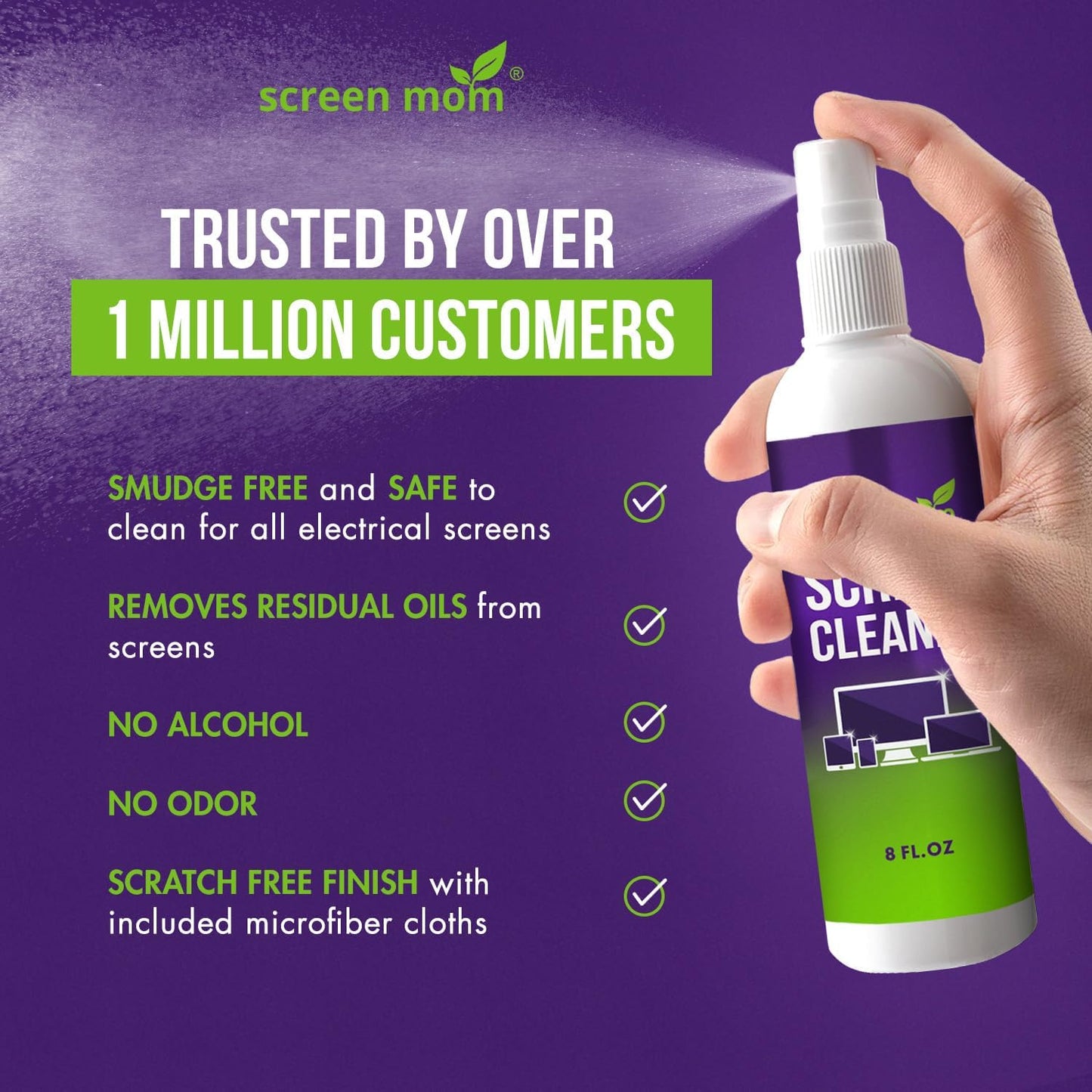 Screen Cleaner Spray and 4 Microfiber Cloths Bundle 8oz & 2oz, by Screen Mom, Eyeglasses or Monitor Screen Cleaner Spray and Wipe, Electronic Cleaner Spray, Car Screen Cleaning Kit