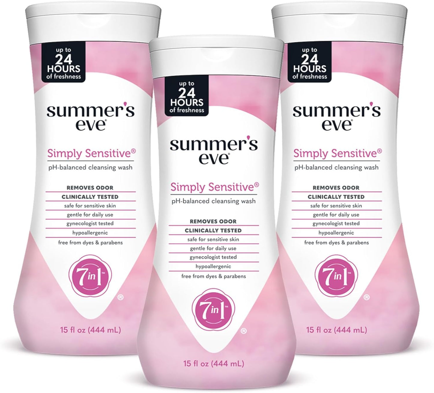 Summer's Eve Simply Sensitive All-Over Daily Feminine Wash, Gentle pH-Balanced Body Wash for Women, Removes Vaginal Odor, 15 Fl Oz, Pack of 3