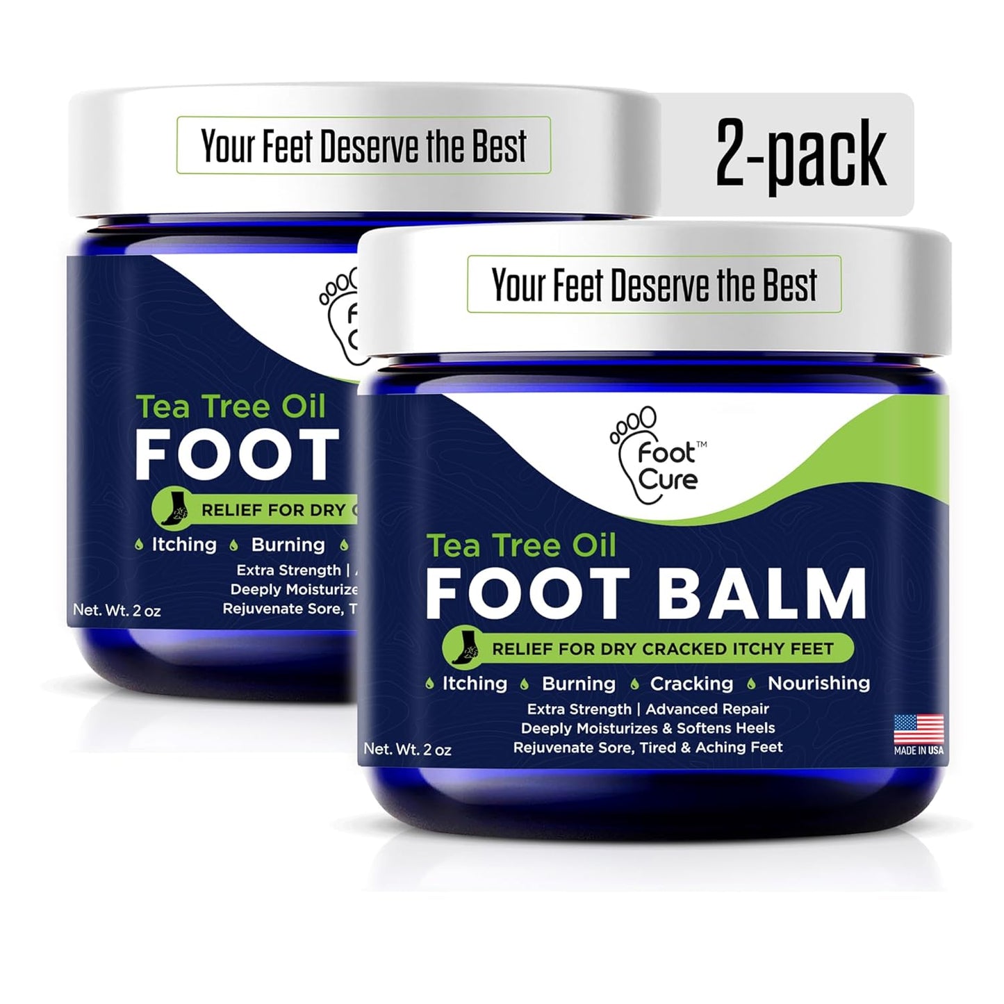 Tea Tree Oil Balm – Moisturizer for Dry Cracked Feet – Instantly Hydrates & Soothes Irritated Skin & Athlete's Foot – Best Foot Care for Women and Men – Made in USA 2PK