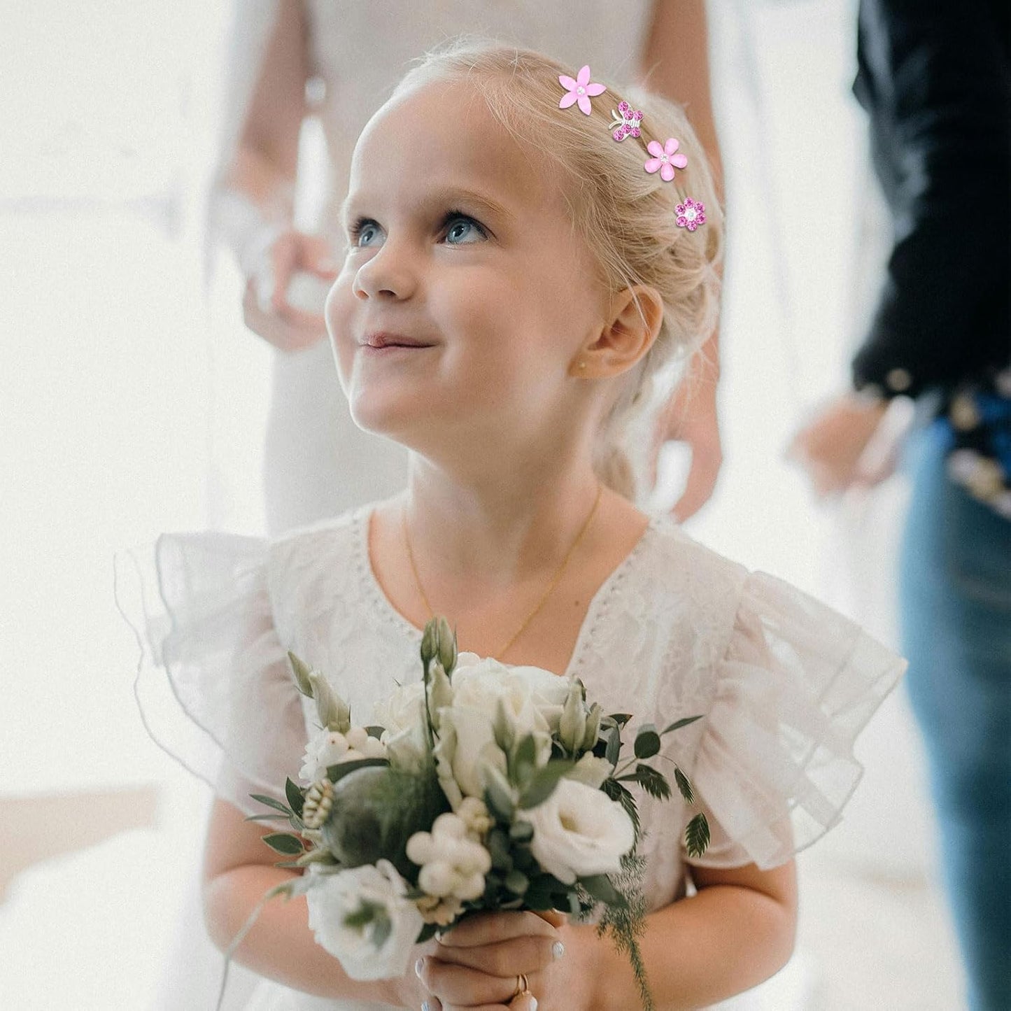 YISSION 20 Pcs Mini Pink Flower & Butterfly Rhinestone Hair Clips - Wedding & Bridal Hair Accessories for Girls & Women