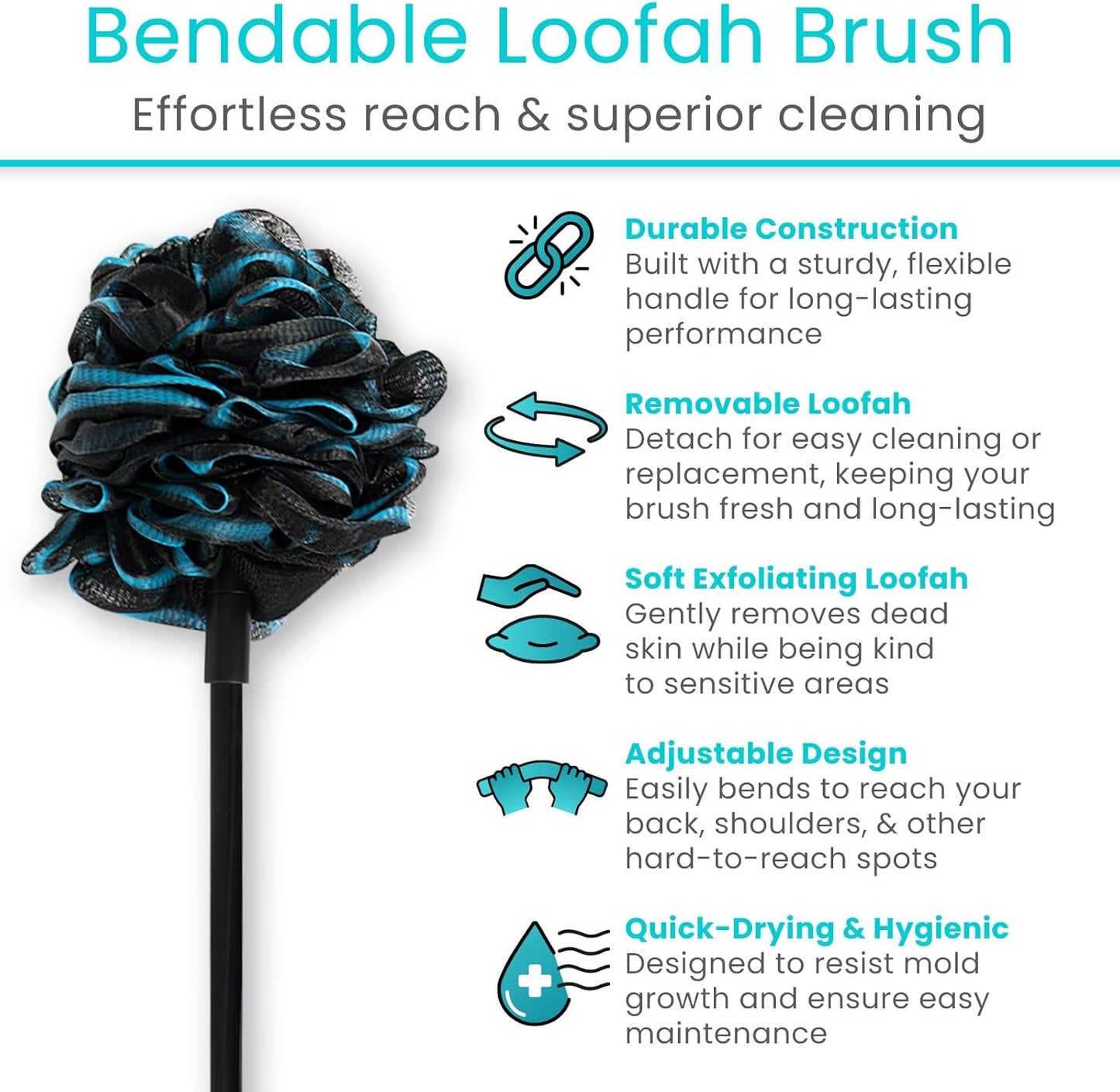 Vive Bendable Loofah on a Stick with Long Handle - Body Exfoliator Luffa & Long Handled Sponge - Back Scrubber & Bath Brush Lufa for Shower, Women, Men, Elderly - Handheld Loofa & Wall Hook Included