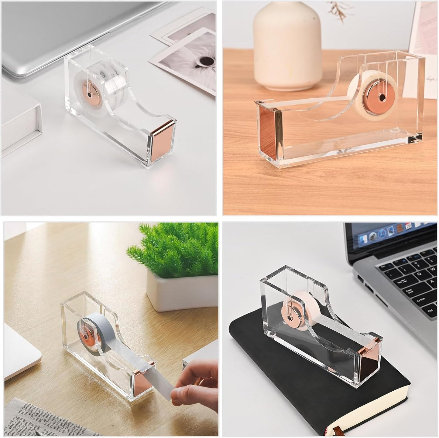 2-Piece Office Acrylic Tape Dispenser, Heavy Duty Adhensive Tape Cutter Holder with Non-Slip Bace, Single Hand Dispensing Clear Sticker Organizer Perfect for Desk, Office, School-Rose Gold