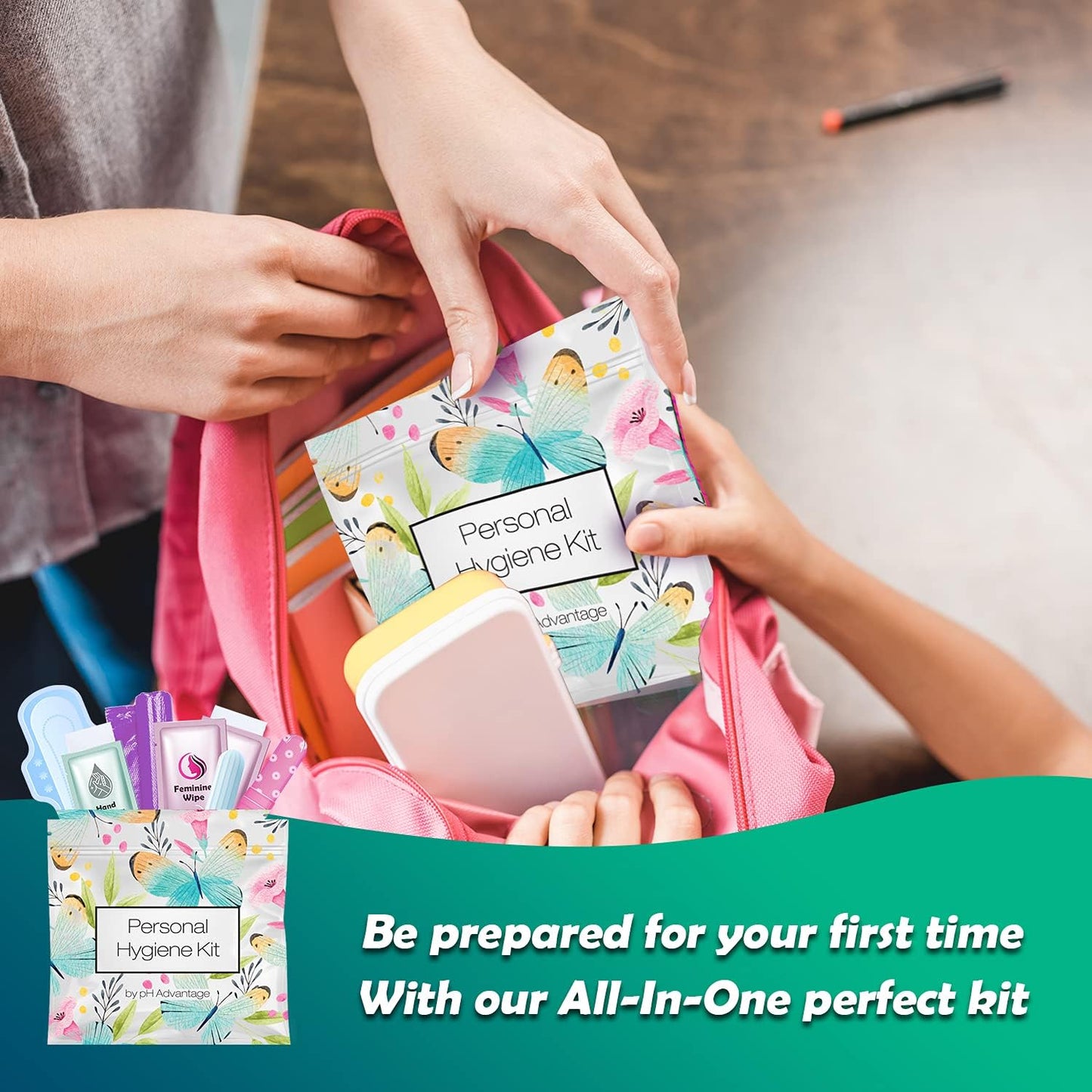 Menstrual Kit All-in-One 10 Pack | Convenience on The Go | Period Kit Pack for Travelling, Tweens & Teenager | Individually Wrapped Feminine Hygiene Product (Butterflies)