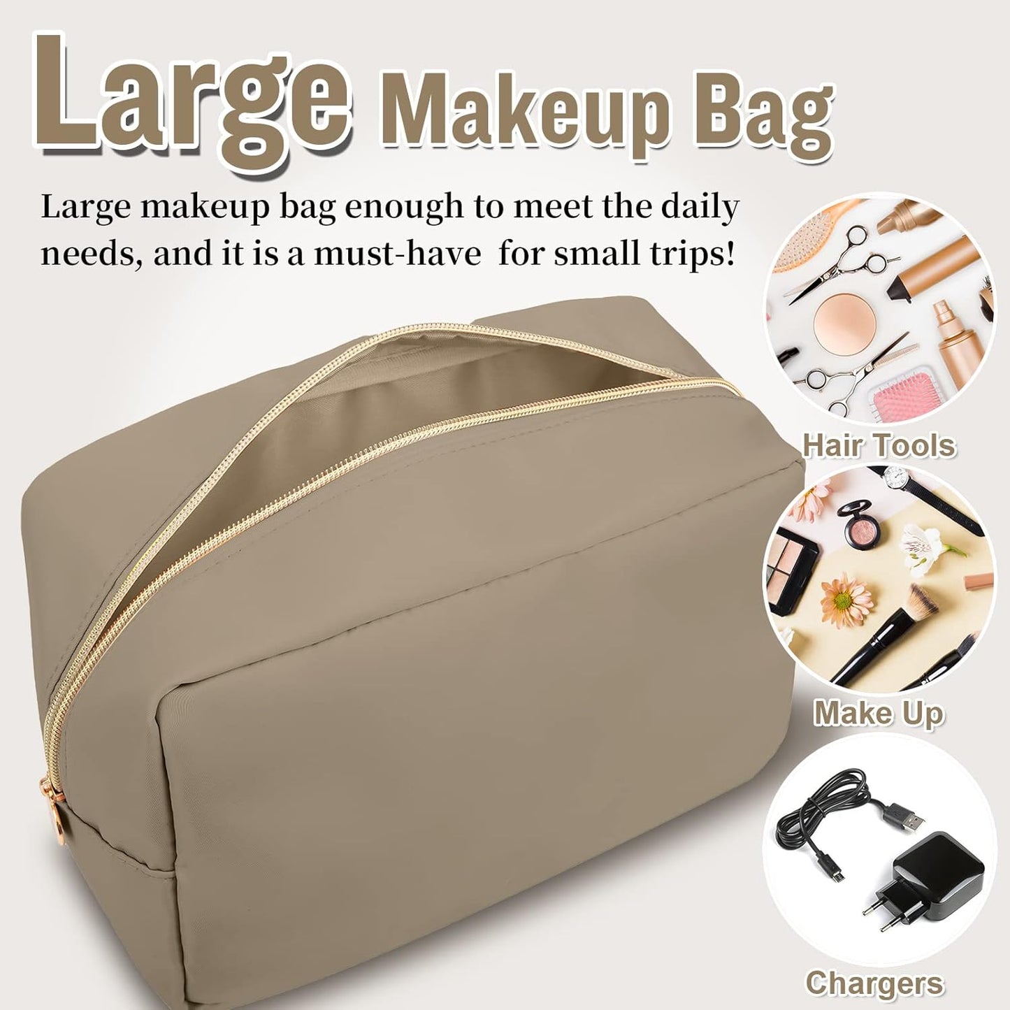 Nylon Large Makeup Bag Travel Pouch for Women, Preppy Big Makeup Bag Cute Cosmetic Zipper Pouch Purse, DIY Chenille Letter Bag Waterproof Toiletry Bag Clutch Make Up Organizer for Women Girls(Khaki)
