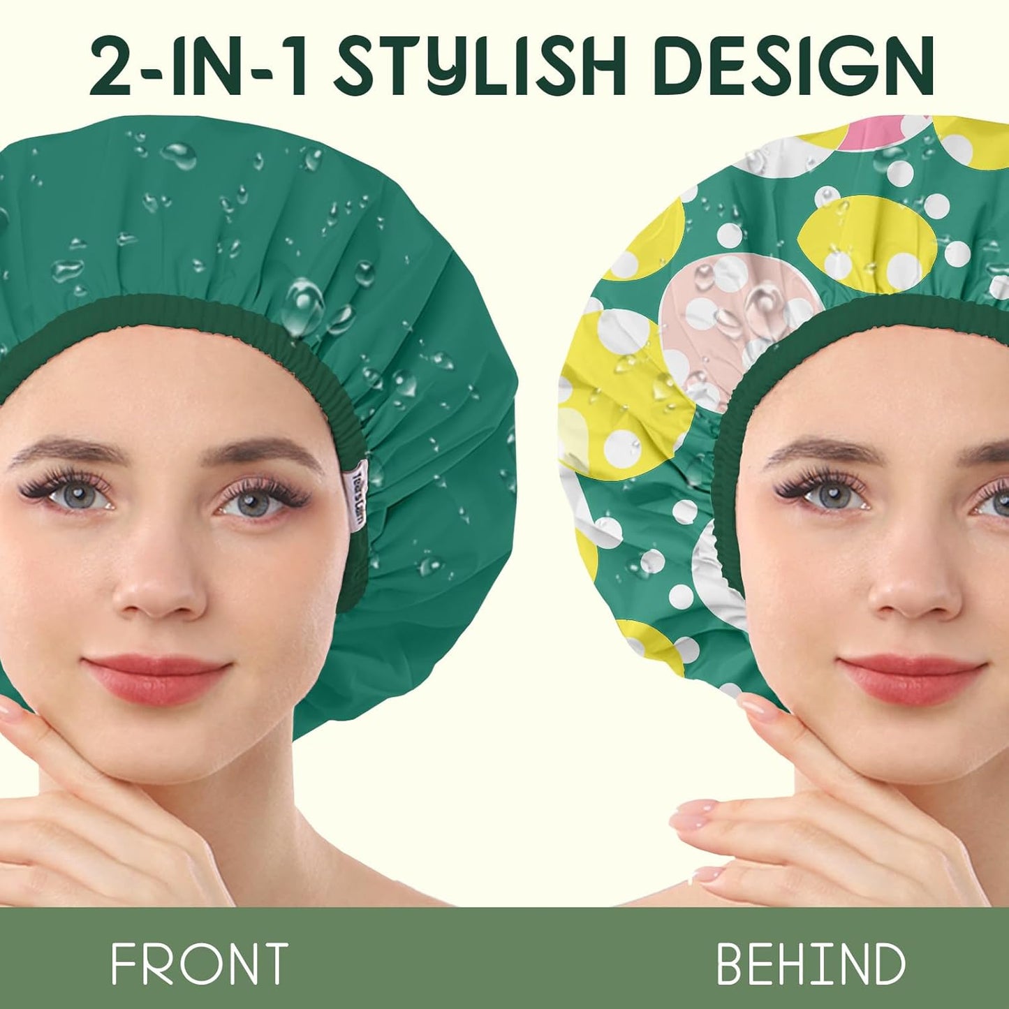 Years calm Luxury Shower Caps for Women Reusable Waterproof – Polka Dot Double Layer Bath Cap with Adjustable Elastic for Braids & Long Hair, Comfortable & Stylish, Versatile Use (Green)