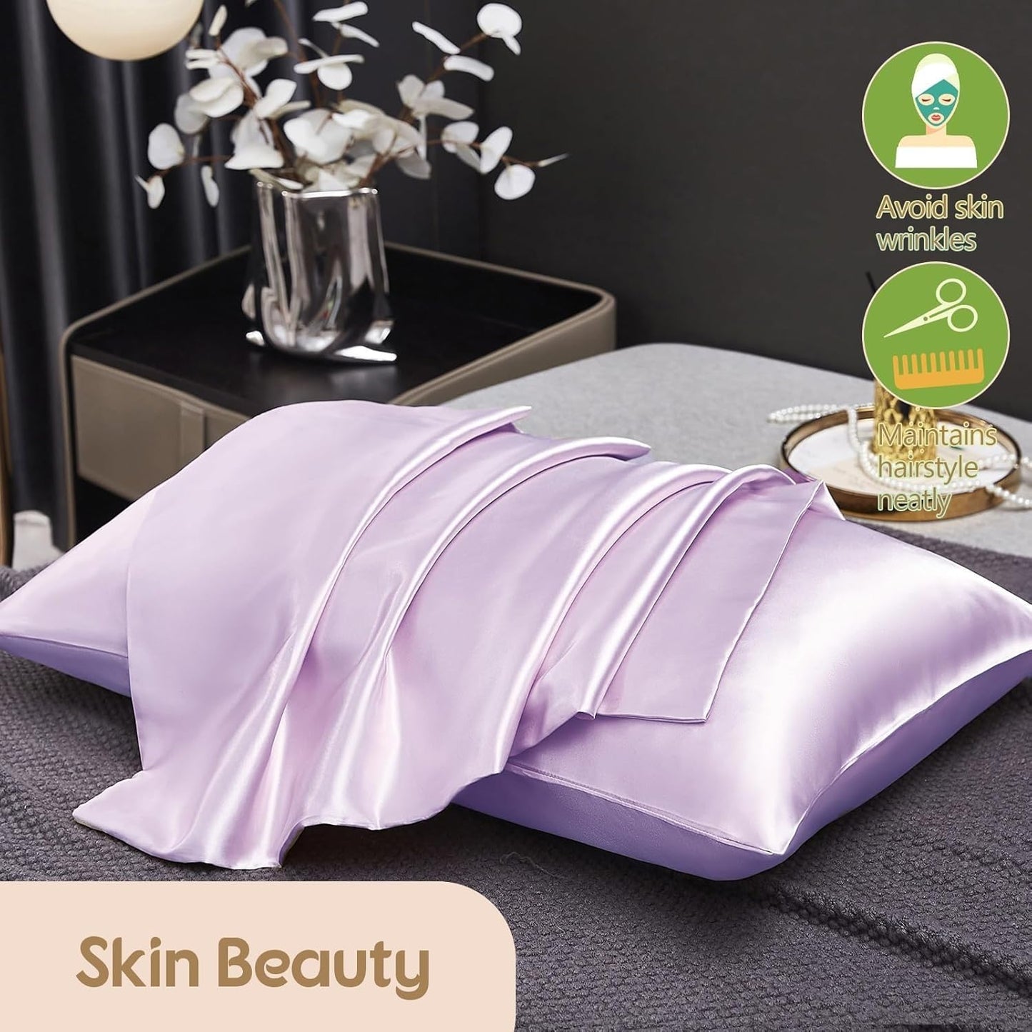 Juwenin Bedding,Luxury Satin Pillowcase with Zipper (Silky Satin Pillow Case for Hair) Set of 2 (Lavender, Standard(20''x26''))