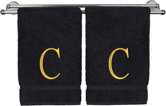 Monogrammed Hand Towel, Personalized Initial Gift, Extra Absorbent 100% Turkish Cotton - Soft Terry Finish - Set of 2 - Gold Block Initial C - Embroidered on Black Towels