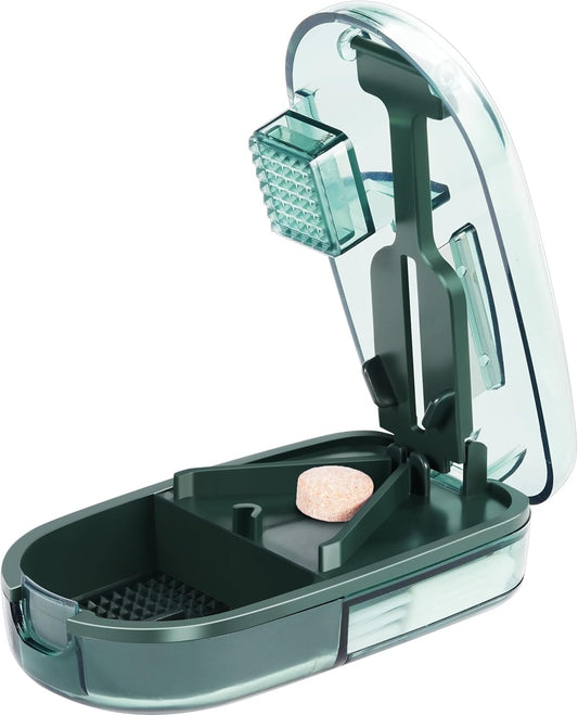 Pill Cutter Splitter for Small and Tiny Pills, or Large Pills. V-Shaped Design for Multiple Sizes. Safety Blade Guard. Loss-Proof Built-in Small Brush & Sliding Door Pill Storage (Green)