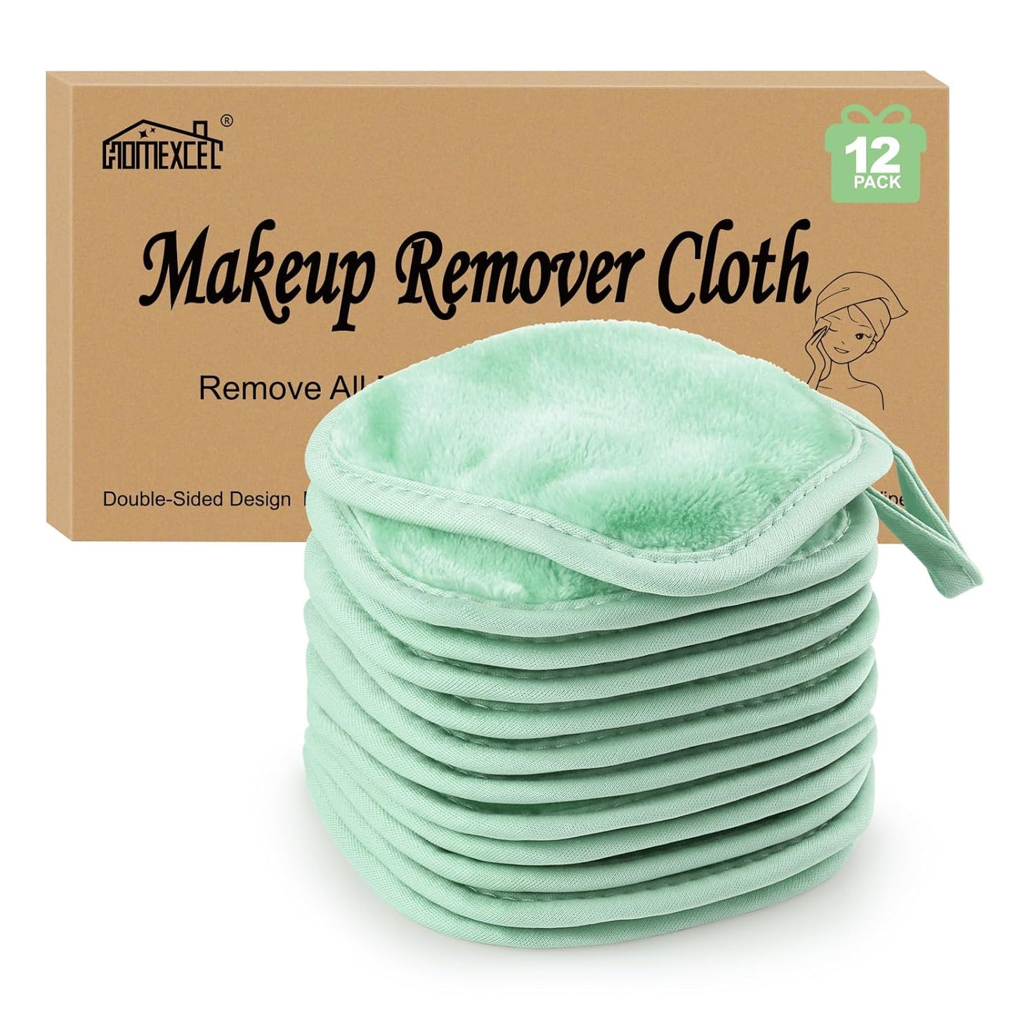 HOMEXCEL Makeup Remover Cloth 12 Count (Pack of 1), Reusable Makeup Remover Pads, Washable Ultra Soft Facial Cleansing Cloths for All Skin Types, 5 X 5 In, Green