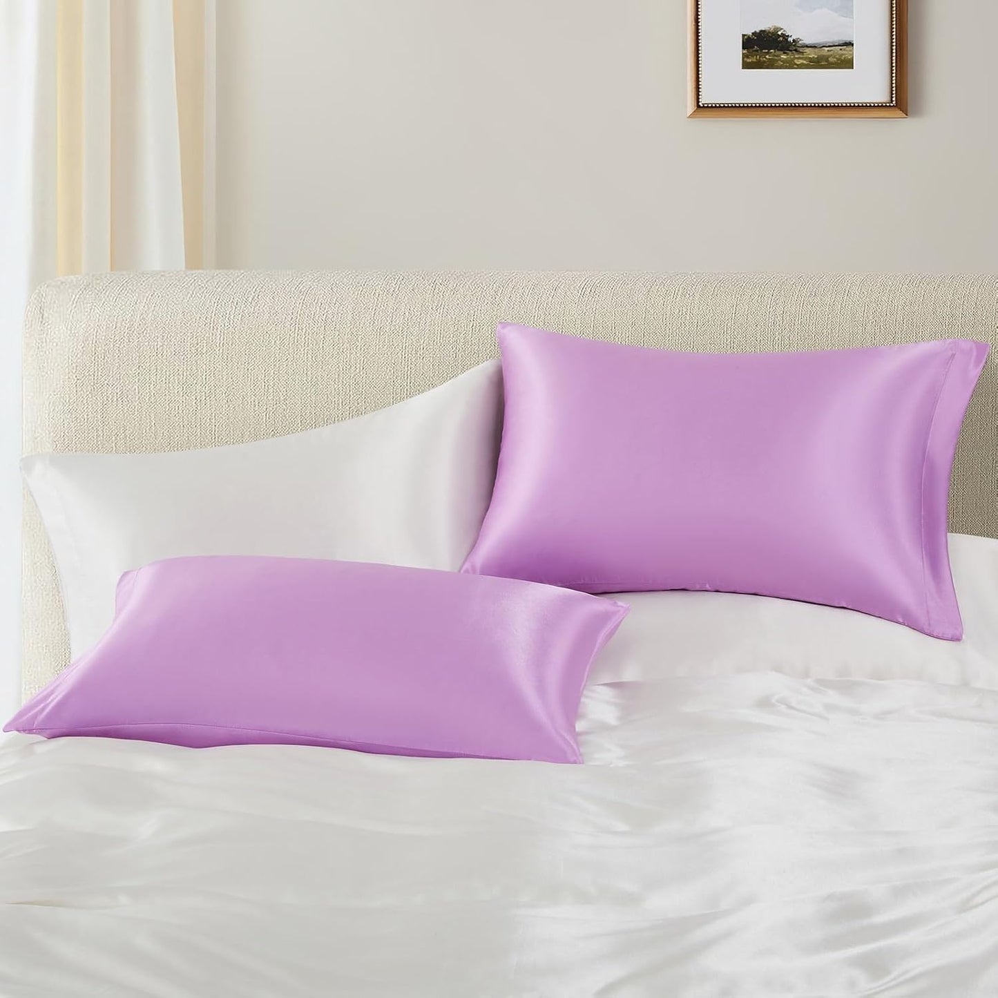 Juwenin Bedding,Luxury Satin Pillowcase with Zipper (Silky Satin Pillow Case for Hair) Set of 2 (Lavender, Queen(20''x29''))
