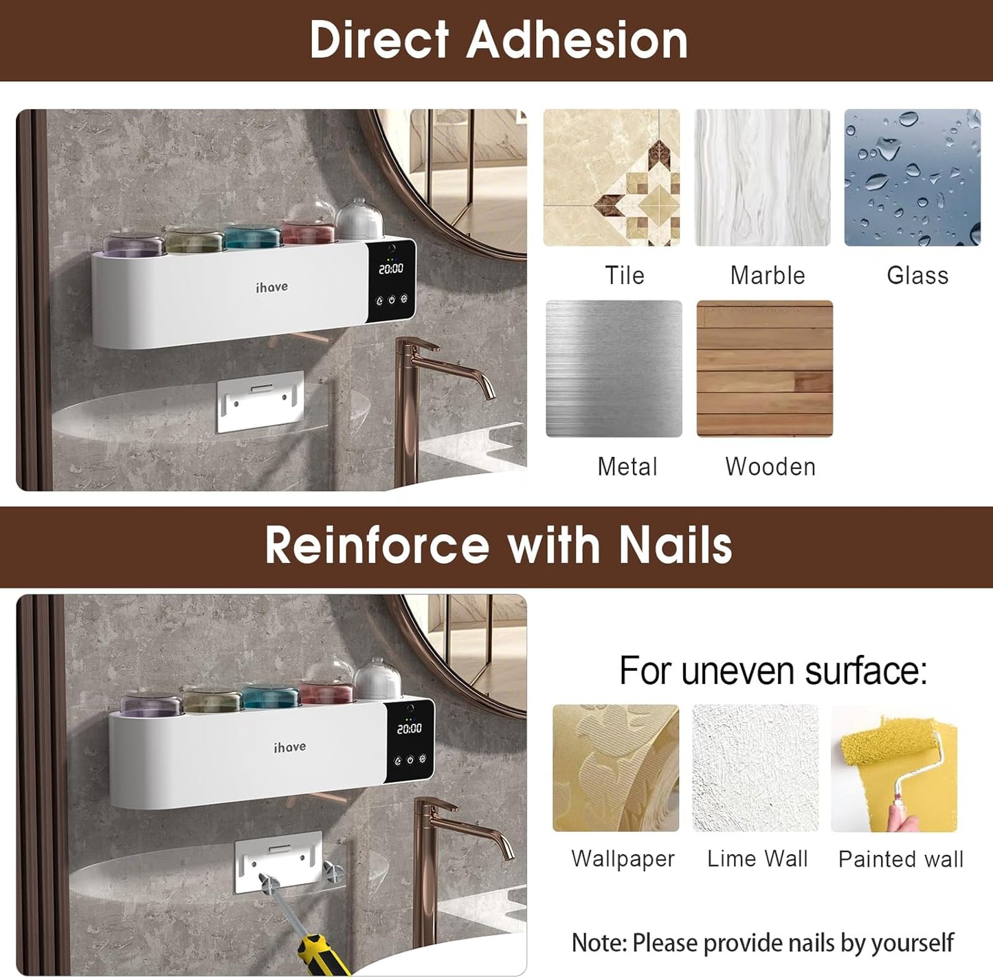 iHave Toothbrush Holders with UV Toothbrush Sanitizer, Aromatherapy Diffuser & IR Night Light - 4-Hour Smart Cruise Disinfection, Auxiliary Combo Drying - Wall-Mounted Bathroom Organizer with 4 Cups