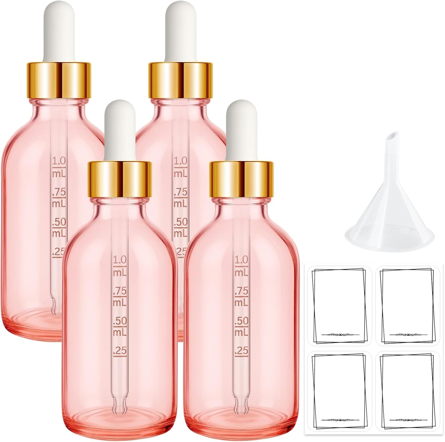 Bumobum 2 oz Dropper Bottle, Pink Glass Dropper Bottle with Measured Dropper & Golden Cap, Empty Eye Tincture Bottles with Funnel, Pipette & Labels for Essential Hair Oils Serums, 4 Pack