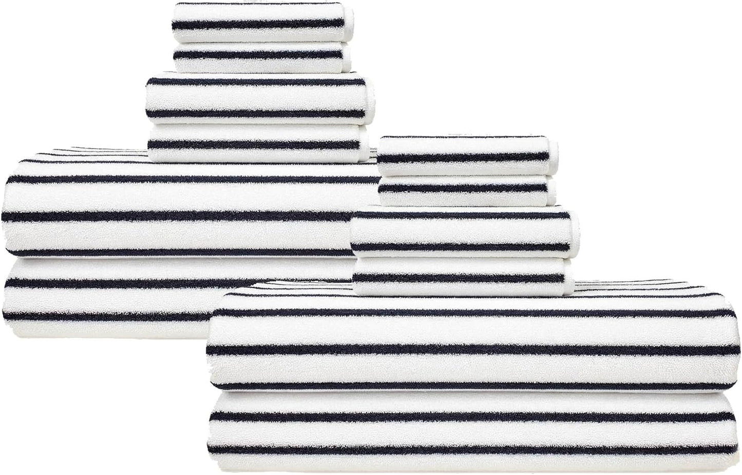 Italic Ultraplush 12-Piece Family Towel Set – Luxury Bath Towels, Hand Towels & Washcloths – Plush, Quick Dry, 800GSM 100% Australian Cotton for Bathroom & Spa - White & Blue (Striped)