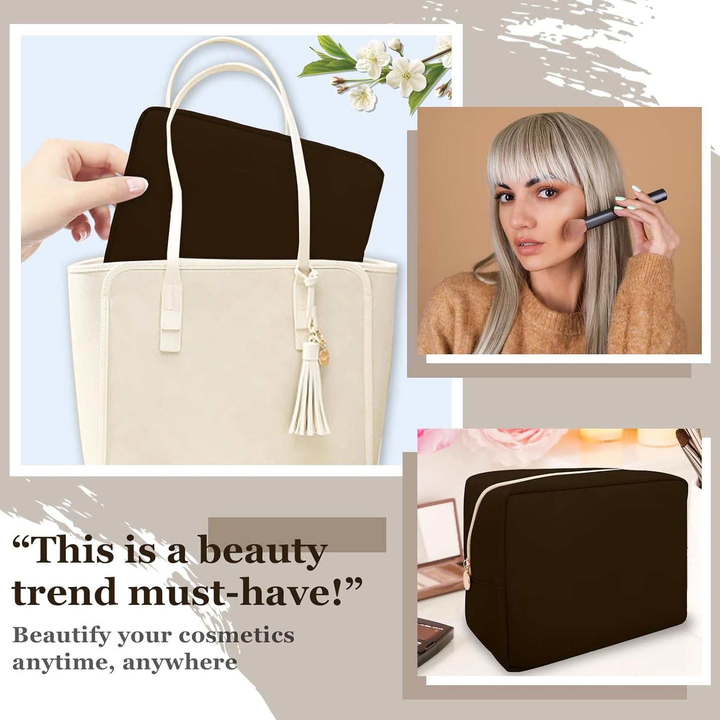 Nylon Large Makeup Bag Travel Pouch for Women, Preppy Big Makeup Bag Cute Cosmetic Zipper Pouch Purse, DIY Chenille Letter Bag Waterproof Toiletry Bag Clutch Make Up Organizer for Women Girls(Brown)