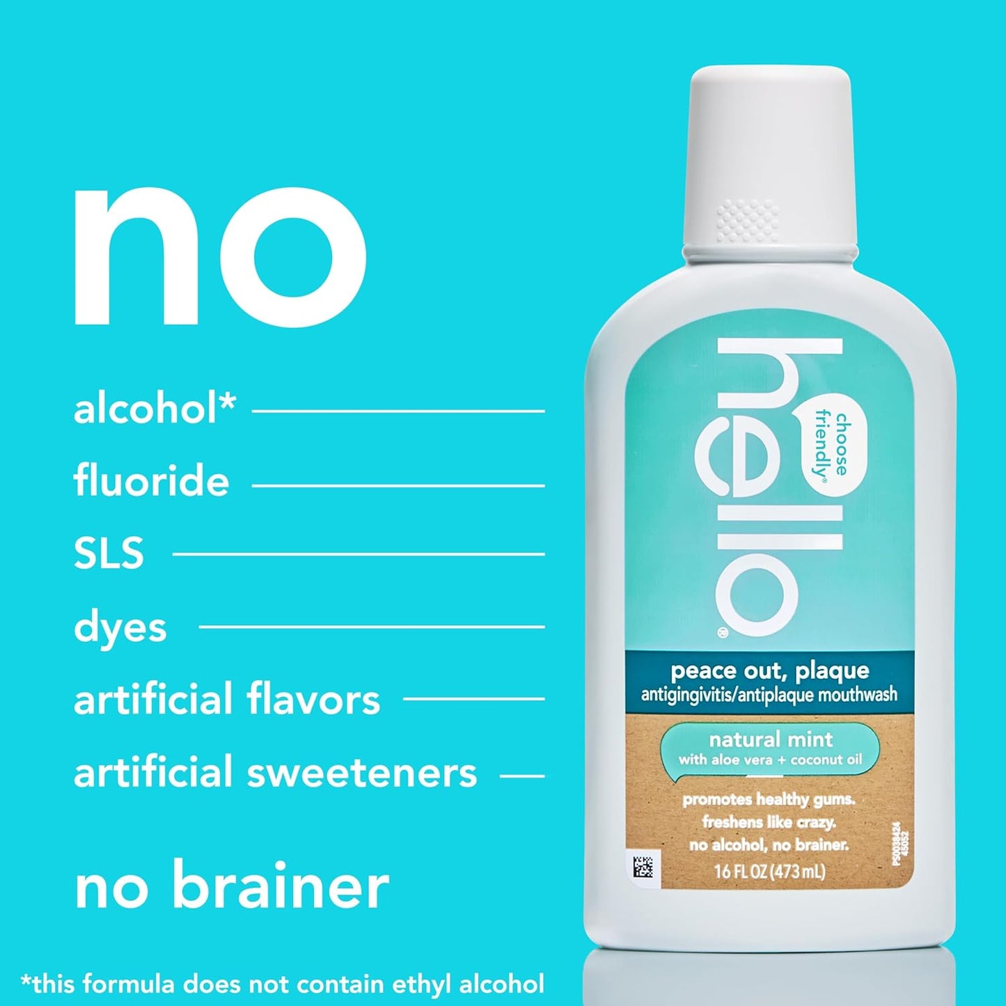 Hello Peace Out Plaque, Antigingivitis Alcohol Free Mouthwash, Natural Mint with Aloe Vera and Coconut Oil, Fluoride Free, Vegan, SLS Free and Gluten Free, 16 Ounce (Pack of 3)