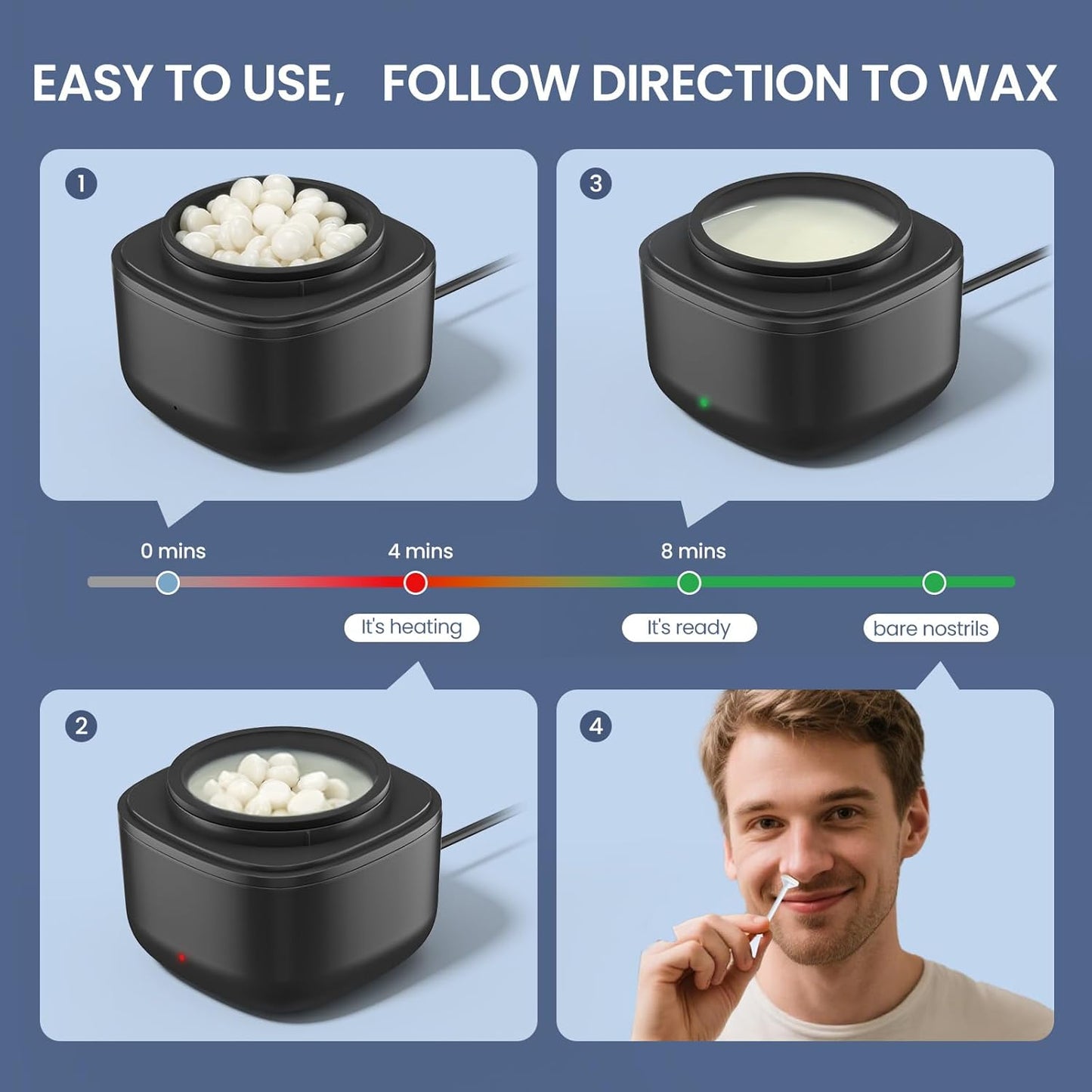 Nose Wax Kit Men, Nose Ear Hair Waxing Kit with 100g Wax, 40 Sticks, Nose Ear Hair Removal Kit, USB Fast Heat, Smart Constant Temp, Upgraded Size, Multi-Accessories, Black