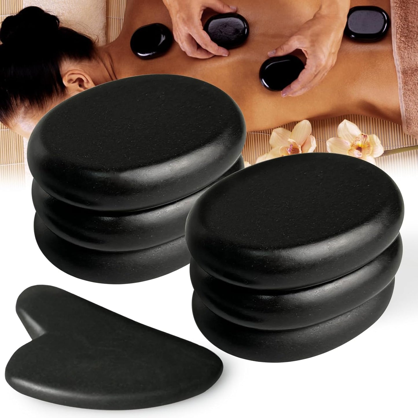 7 Pieces Hot Stones Massage Set - 6 Large Oval Massage Stones for Body Massage and 1 Heart-Shaped Basalt Stone Gua Sha Tool for Face Hot Rocks for Home Spa, Relaxing, Pain Relief