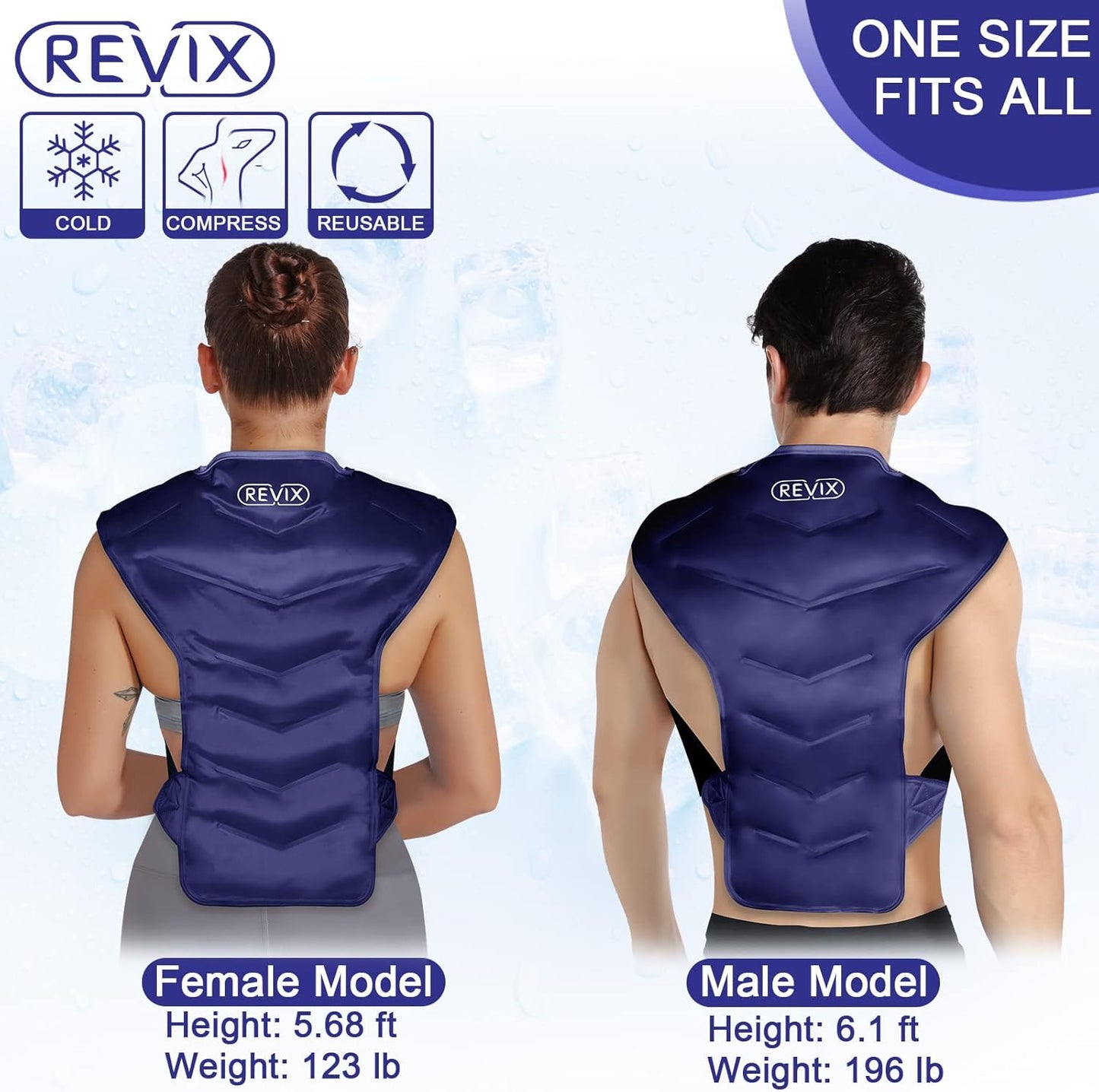 REVIX Large Ice Pack for Back and Shoulder Discomfort Relief, Reusable Gel Cold Pack for Full Back, Soft Plush Lining, Flexible and Long-Lasting, Navy
