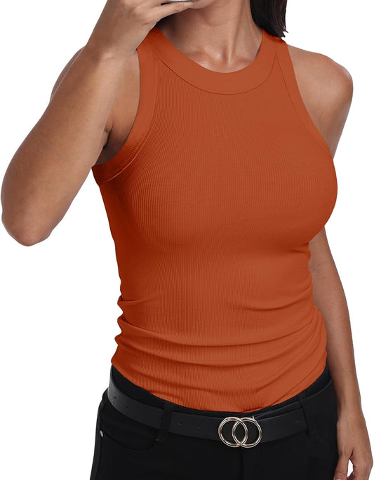 GEMBERA Womens Sleeveless Racerback High Neck Casual Basic Cotton Ribbed Fitted Tank Top
