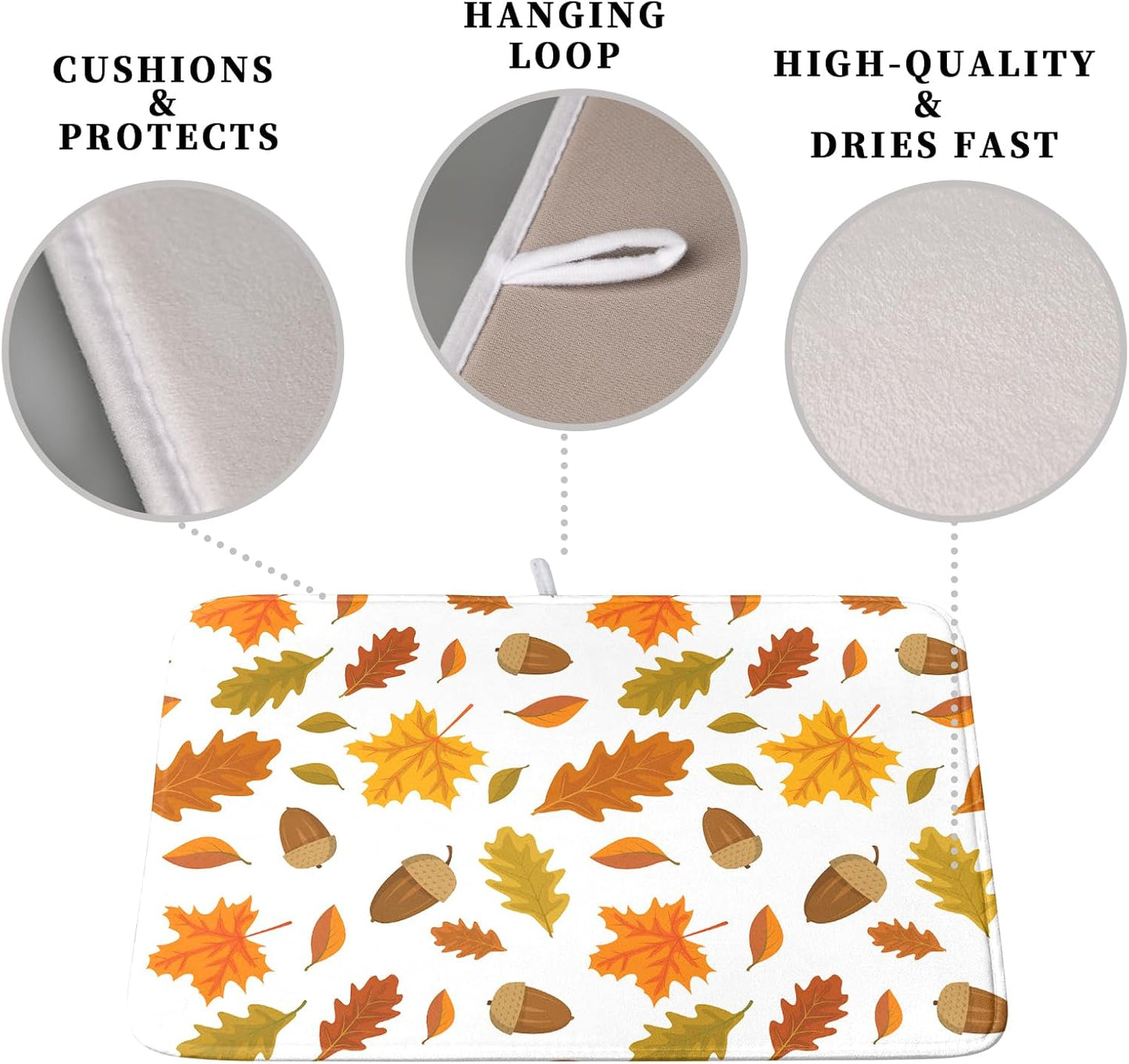 Fall Leaves Dish Drainer Mat - Absorbent Drying Mat for Counter - 18x24 Inch, Orange Maple Leaf Pattern
