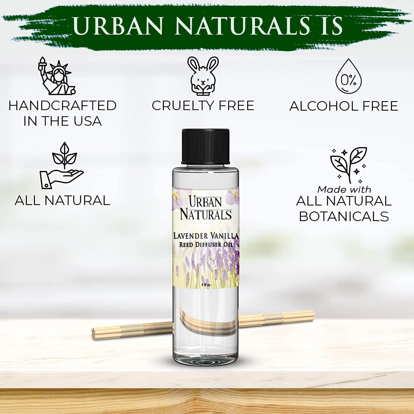Urban Naturals Lavender Vanilla Scented Oil Reed Diffuser Refill and Reed Sticks – Lavender Blossom, Creamy Vanilla, White Woods and Sugared Musk, 4 oz (2 Pack)
