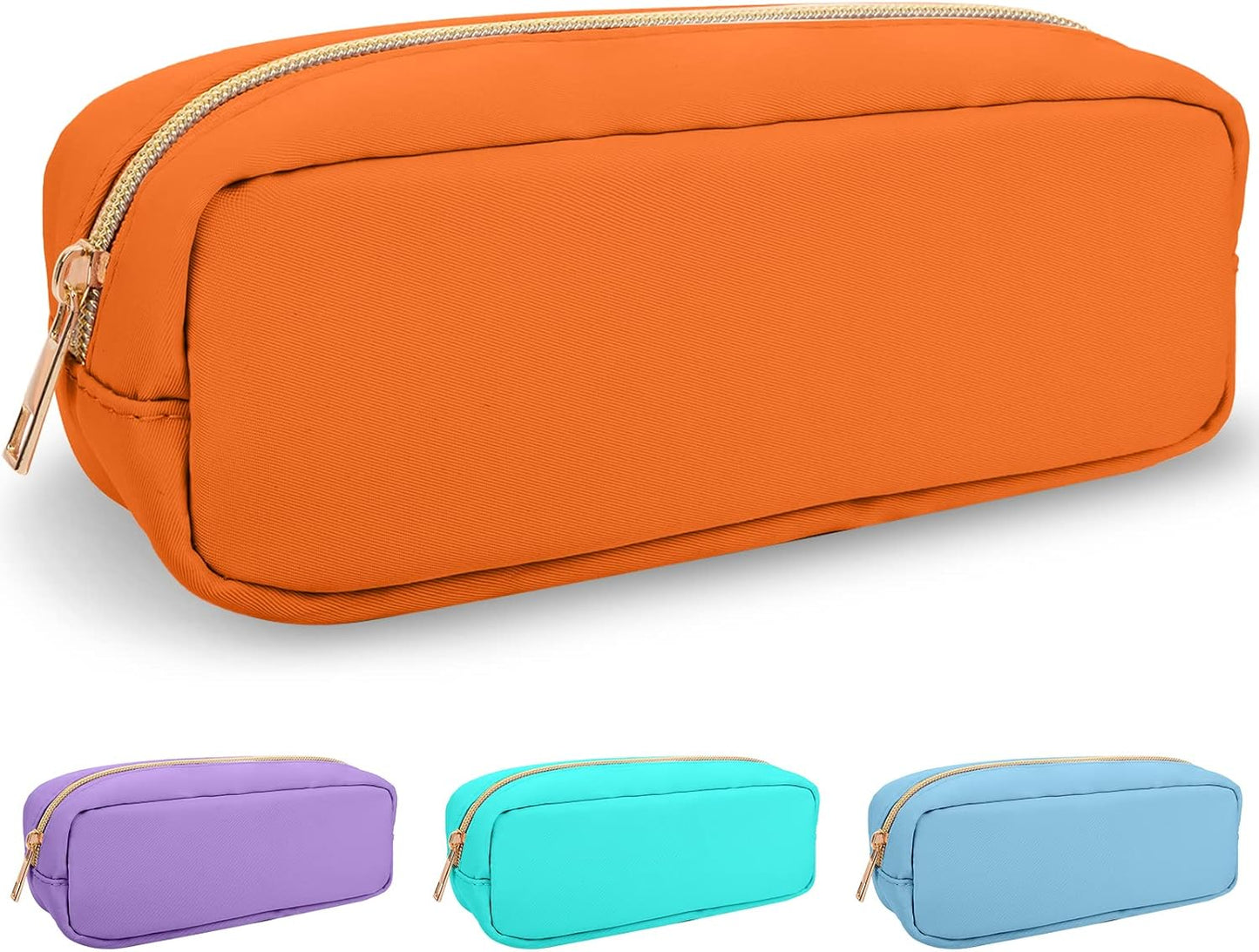Izuzta Nylon Small Makeup Bag Slim Pouch, Preppy Cute Brush Case, Cosmetic Zipper for Purse, Waterproof Travel Toiletry Clutch Coin Organizer for Women Girls (Orange)