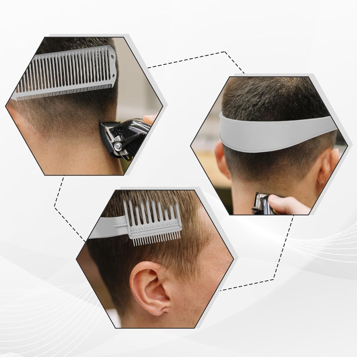 Fade Comb for Men Haircut,4PCS Fade Guide for Men Haircut Kit with Silicone Haircut Band,Barber Comb and Hairdressing Sweeping Brush,Self Hair Cutting Tool for Home DIY(Gray)