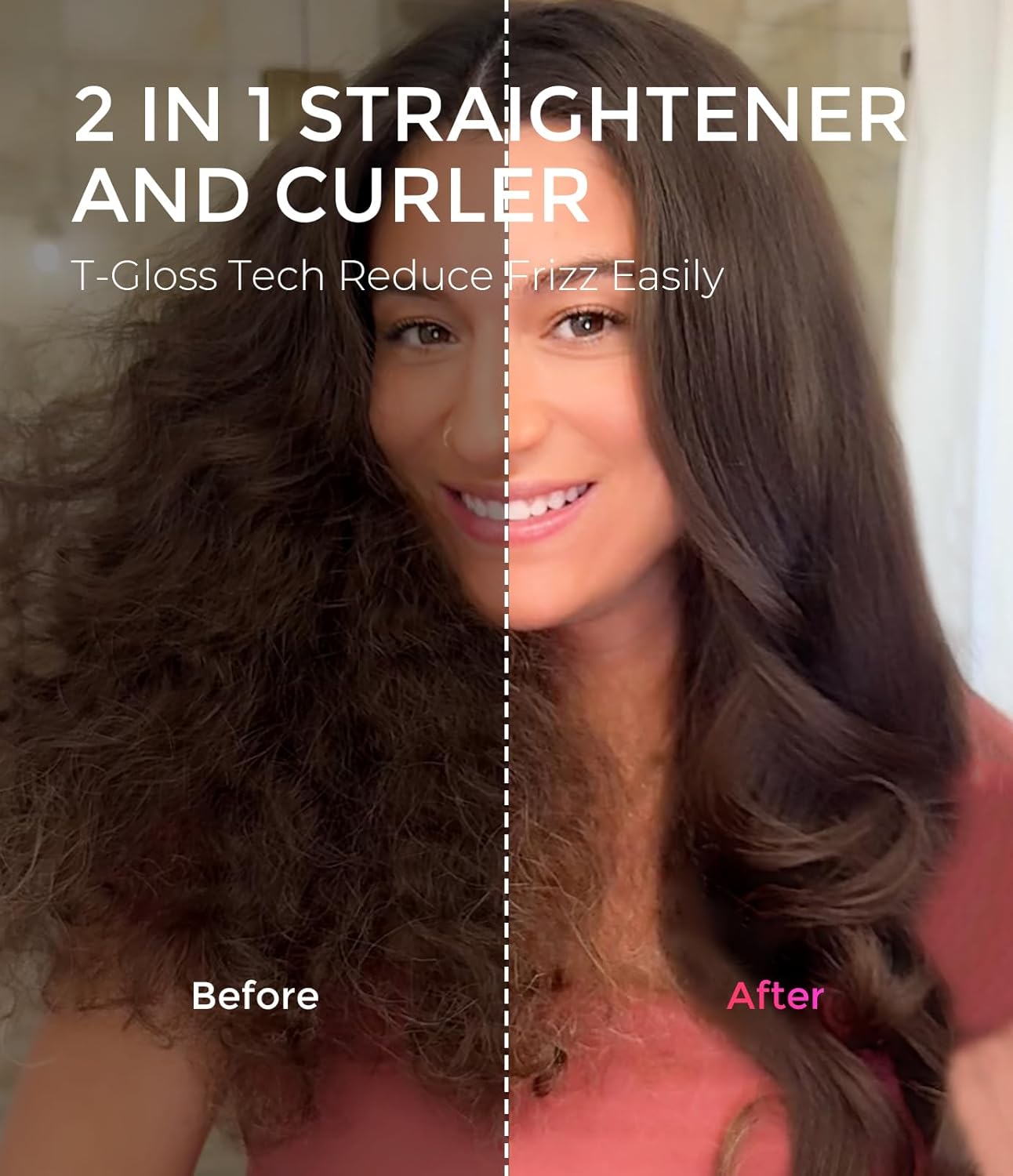 TYMO 2.0 Thermal Brush Curling Brush - STYLUX 1.7" Blowout Volumizer with Flexi-Fit for Hair Straightening, Heated Round Styler Tool, Hair Straightener and Curler 2 in 1, Dual Voltage & Light, Pink